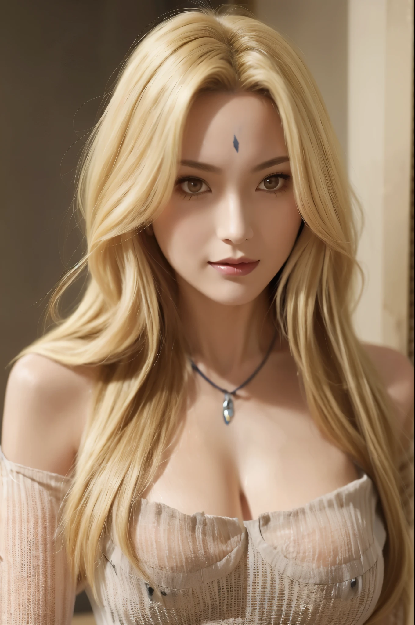 Tsunade ,make an anime photo into a realistic photo, add a kimono style, striking blonde hair, beautiful girl with natural make-up, smooth skin, rather large breasts, thin smile. super detailed face, quality debes, perfect actor/character, high resolution, medium short ,body details ,realistic ,cute girl , Raven-(Teen Titans) detail