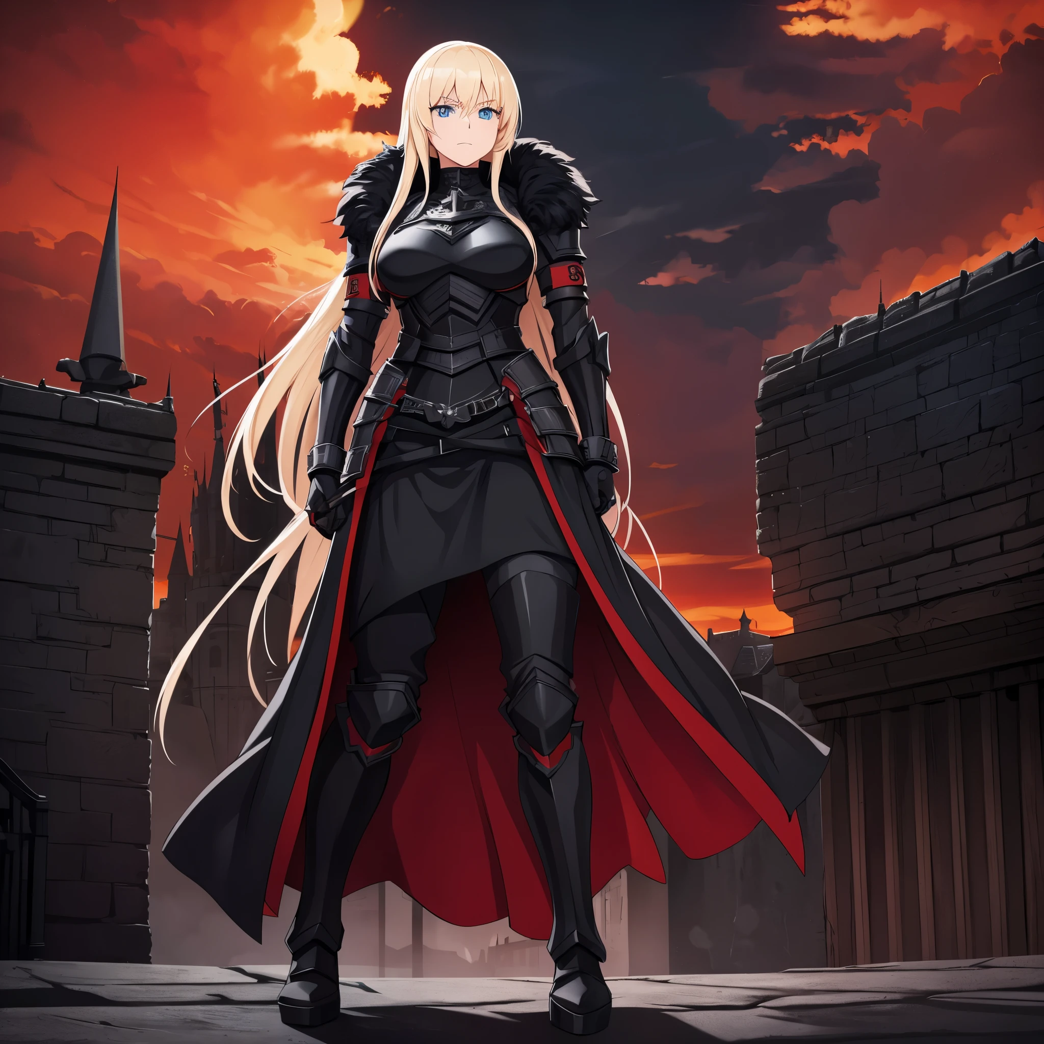 a woman wearing black heavy armor with red trim, iron cross on armor, black metal boots, black metal bracelets, red fur coat, long blonde hair, blue eyes, walking on a platform with a medieval castle with black structure , Red Sky, HDR, ultra resolution, well defined, masterpiece, 8K HD. (solo woman)
