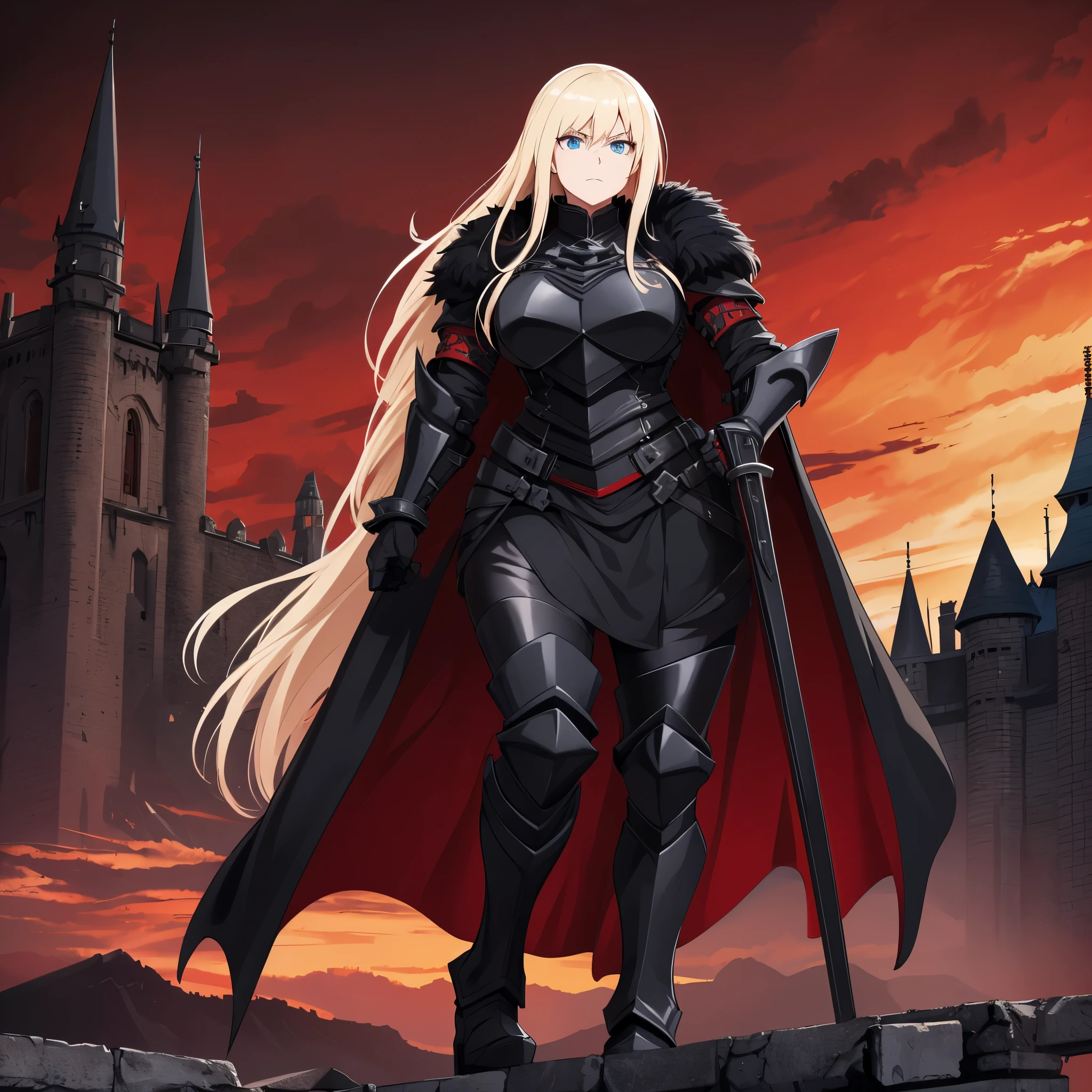 a woman wearing black heavy armor with red trim, iron cross on armor, black metal boots, black metal bracelets, red fur coat, long blonde hair, blue eyes, walking on a platform with a medieval castle with black structure , Red Sky, HDR, ultra resolution, well defined, masterpiece, 8K HD. (solo woman)
