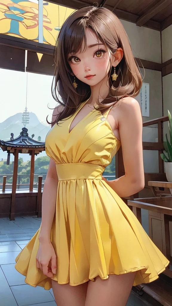 (8k, RAW Photo, Best Quality, Masterpiece: 1.3), breakone girl, (a beauty girl, delicate girl:1.3), (21 years old:1.5), break, (Yellow dress:1.5), break, Extremely fine grain definition, (Symmetrical eyes:1.3), break, Small breasts, Brown eyes, Parted bangs, brown hair, girl, break, (Eye and facial details:1.3),break,smile,With Hasedera Temple in the background,With Hasedera Temple in the background,With Hasedera Temple in the background,With Hasedera Temple in the background