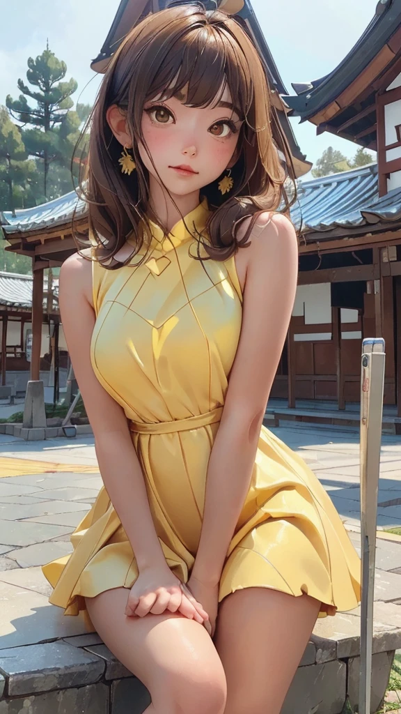 (8k、RAW Photos、Highest quality、masterpiece:1.2)、(Realistic、Realistic)、1 girl、((Long Chinese Dress:1.2、Thin legs、whole body、View from the front、smile、Looking into the camera、Stand with hands on hips))、cute、((The background is a shrine))、Accurate Fingers