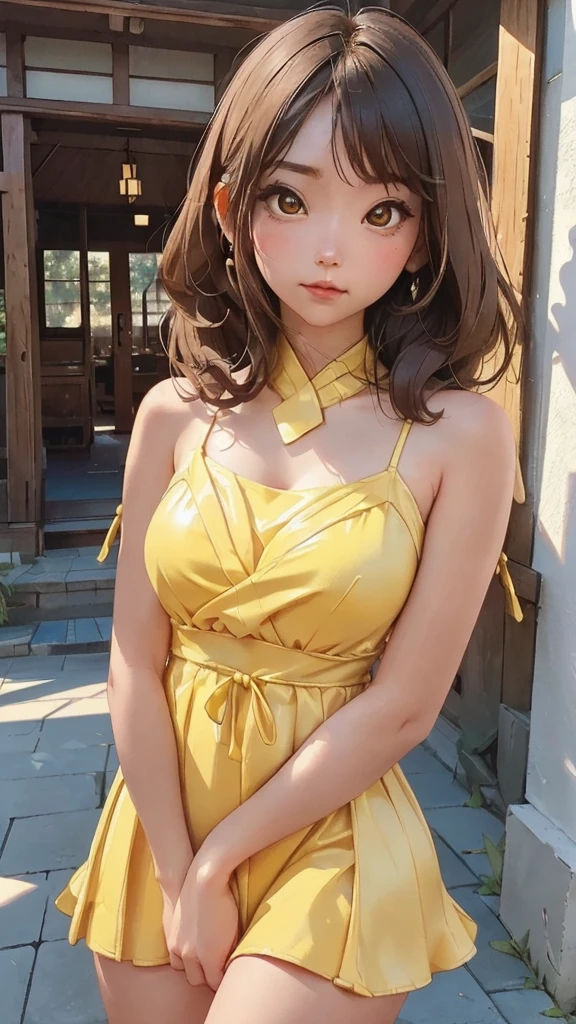 (8k, RAW Photo, Best Quality, Masterpiece: 1.3), breakone girl, (a beauty girl, delicate girl:1.3), (21 years old:1.5), break, (Yellow dress:1.5), break, Extremely fine grain definition, (Symmetrical eyes:1.3), break, Small breasts, Brown eyes, Parted bangs, brown hair, girl, break, (Eye and facial details:1.3),break,smile,With Hasedera Temple in the background,With Hasedera Temple in the background,With Hasedera Temple in the background,With Hasedera Temple in the background