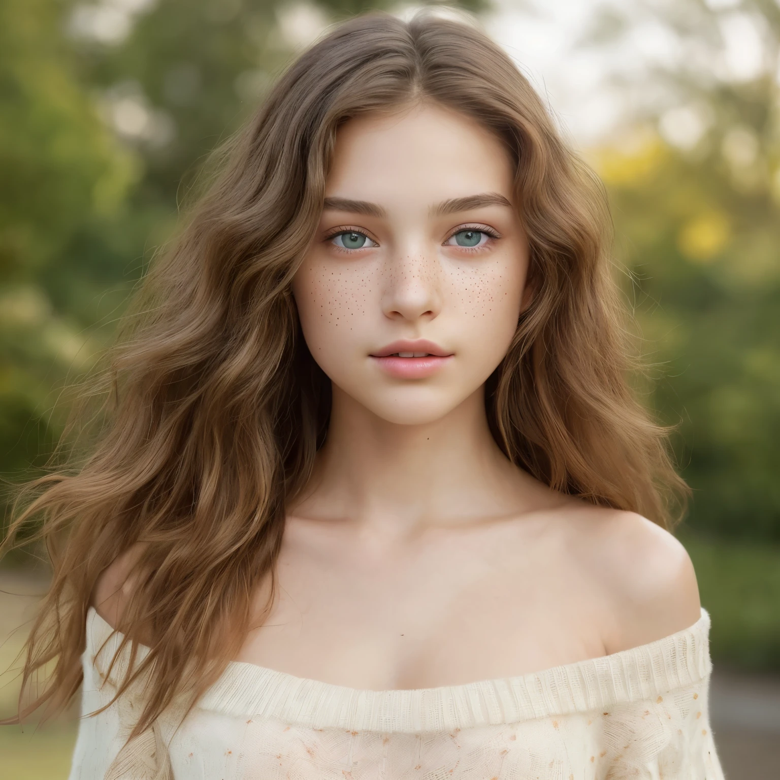 A stunningly beautiful girl in her late s, Solo, with long wavy brown hair cascading down her shoulders, looking directly at the Viewer. Her best quality features are accentuated in this highres, ultra-detailed, masterpiece. Her bright emerald green eyes shimmer with life, adorned with subtle freckles and a naturally rosy complexion, showcasing a healthy, physically-based rendering. Absent of makeup, her flawless skin texture is on full display, with visible skin pores and gentle peach fuzz adding to the HDR realism of the portrait. Wearing a form-fitting sweater that slides off one shoulder, revealing a tantalizing glimpse of