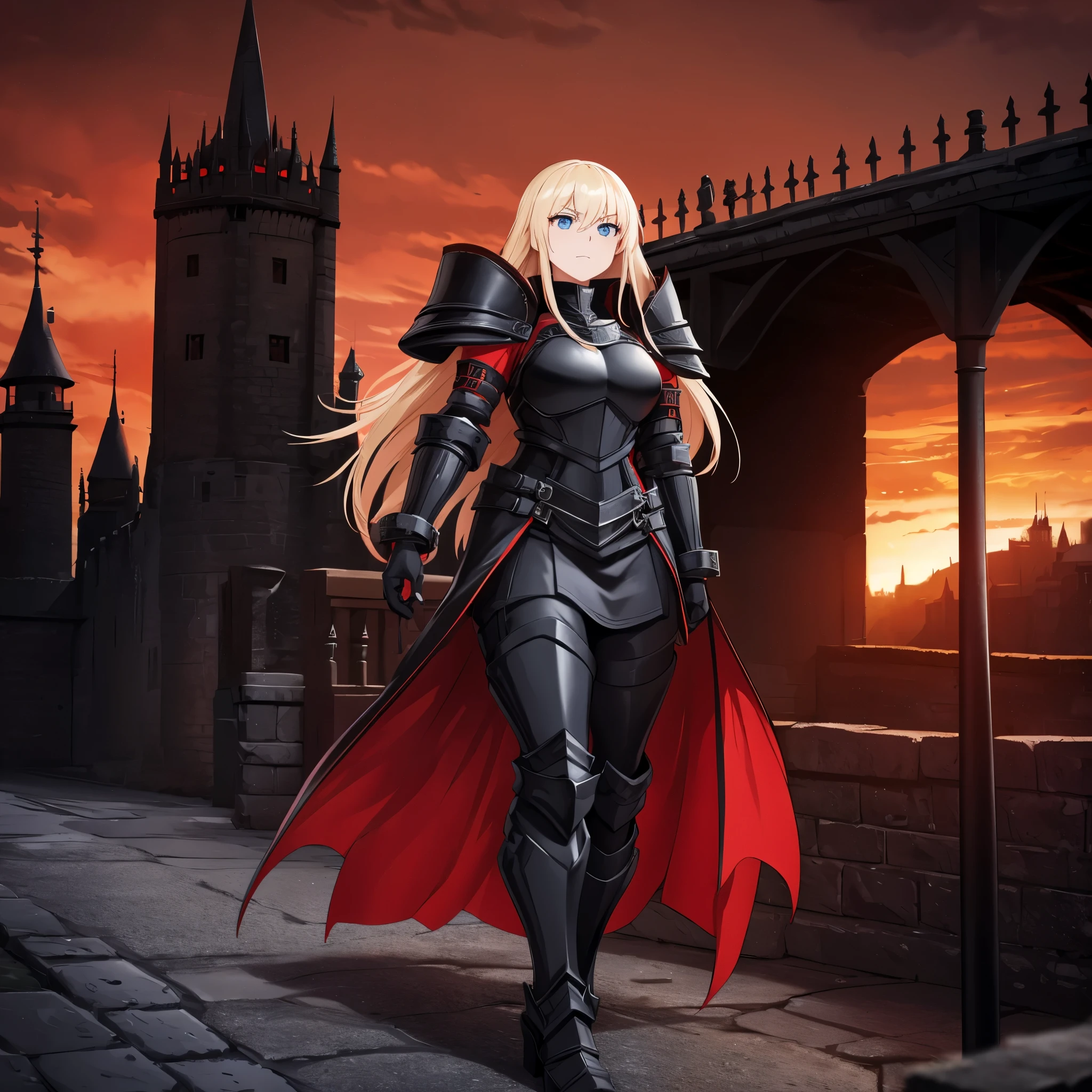 a woman wearing black heavy armor with red trim, iron cross on armor, black metal boots, black metal bracelets, red fur coat, long blonde hair, blue eyes, walking on a platform with a medieval castle with black structure , Red Sky, HDR, ultra resolution, well defined, masterpiece, 8K HD. (solo woman)
