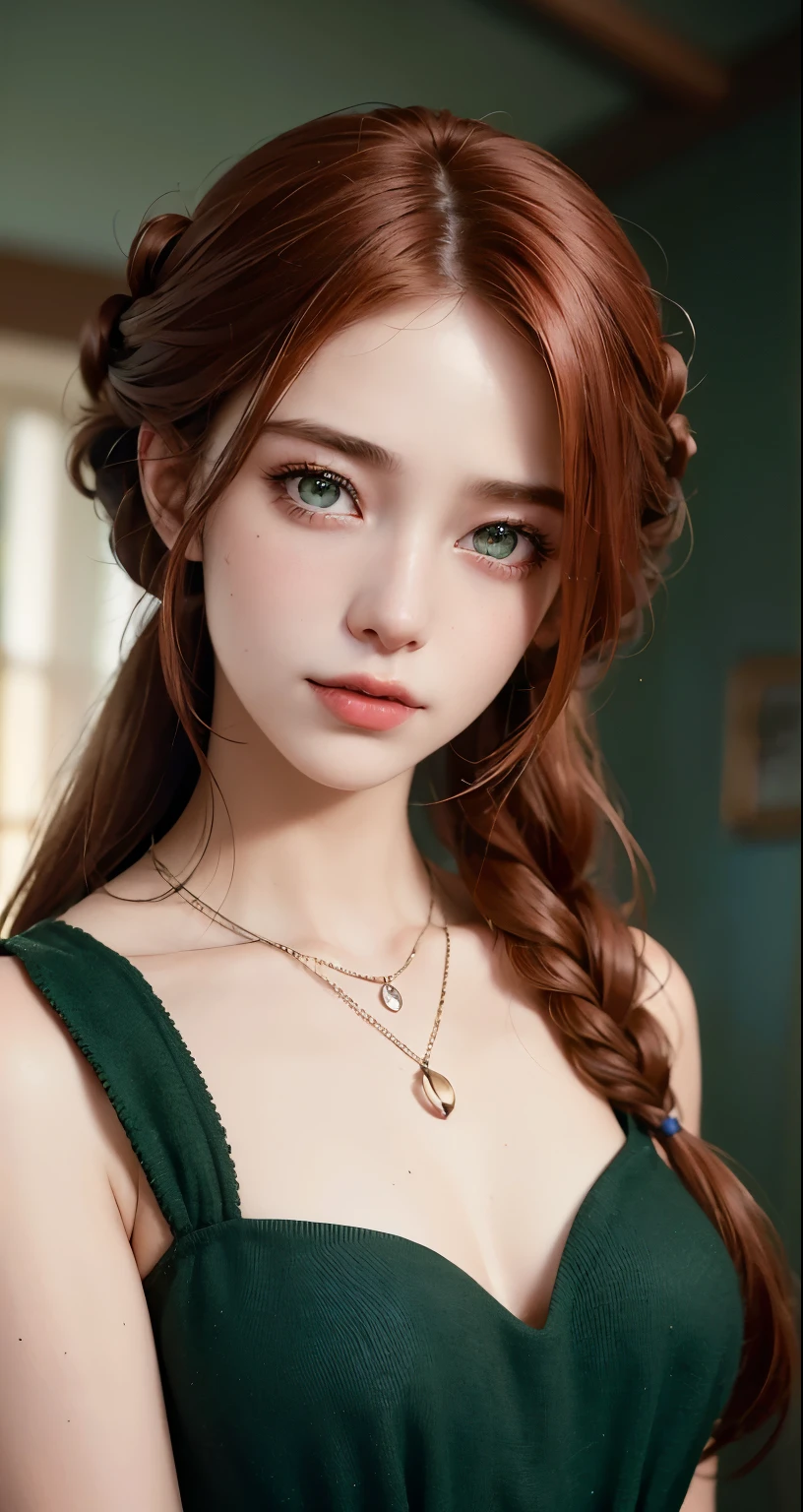 8k, RAW Photography, portlate, top-quality, 超A high resolution, Braids, piercings, Photorealsitic, 1 girl, full bodyesbian, redhair, Green eyes, a necklace, a smile, eye lashes, Movie Lighting, depth of fields, lensflare, elegant dress blue