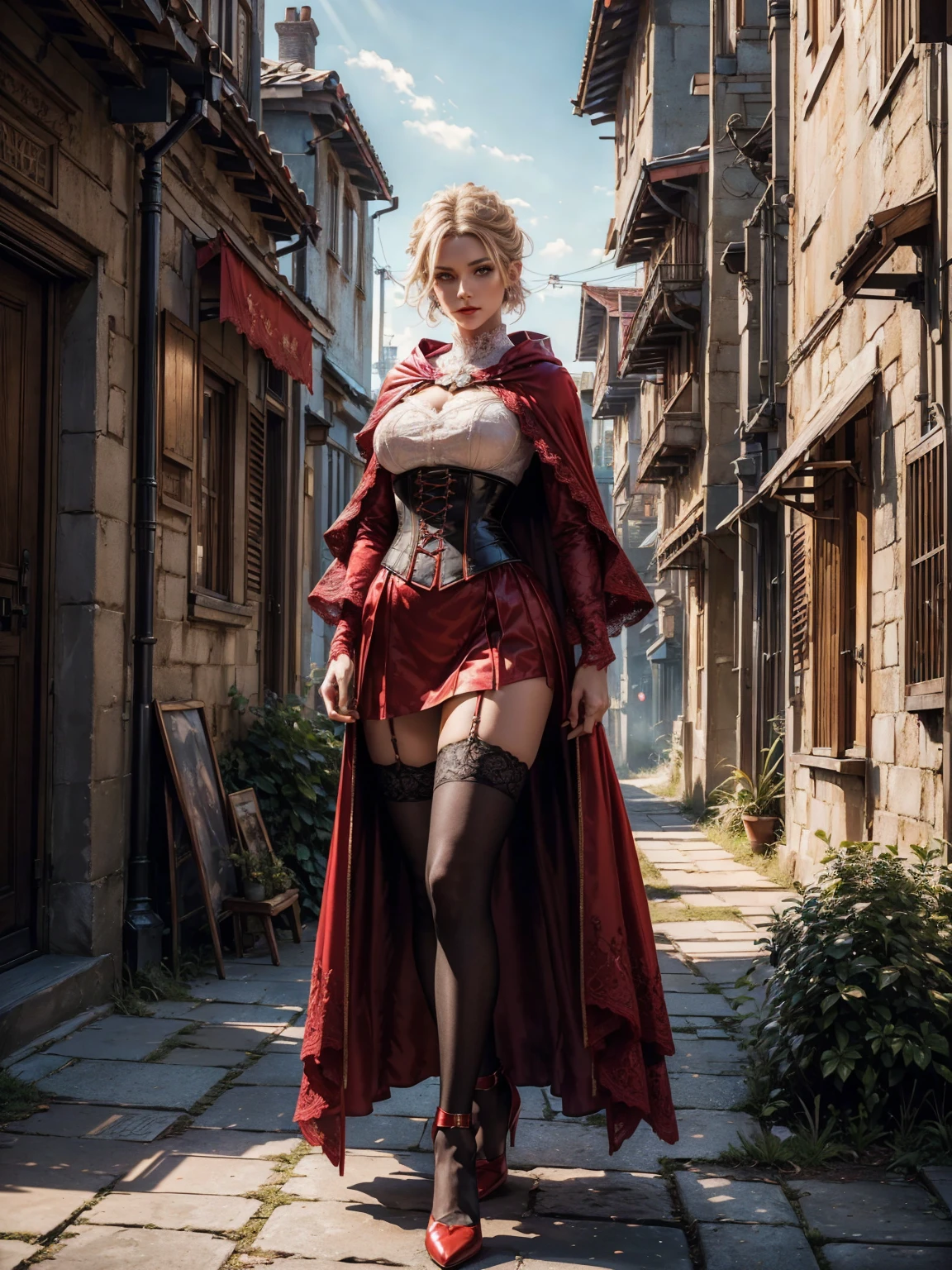 ((show full body from head to toe, standing, body facing to the viewer (show front body)). Tall body, fit body, slender body, medium breast. A female wizard wearing red and white clothes, long sleeves(lace sleeves), skirts, corset, cloak, robes, cape, gloves, stockings, show heels. short hair with updo. Masterpiece:1.5, illustration:1.1, best quality:1.5, fine detail, perfect detail, 4k, HDR, balance focused camera view, middle camera view, vertical scape camera, natural lighting, bright lighting, sunlight, sharp focus, smooth detail, HDR. Outdoor at a city road.