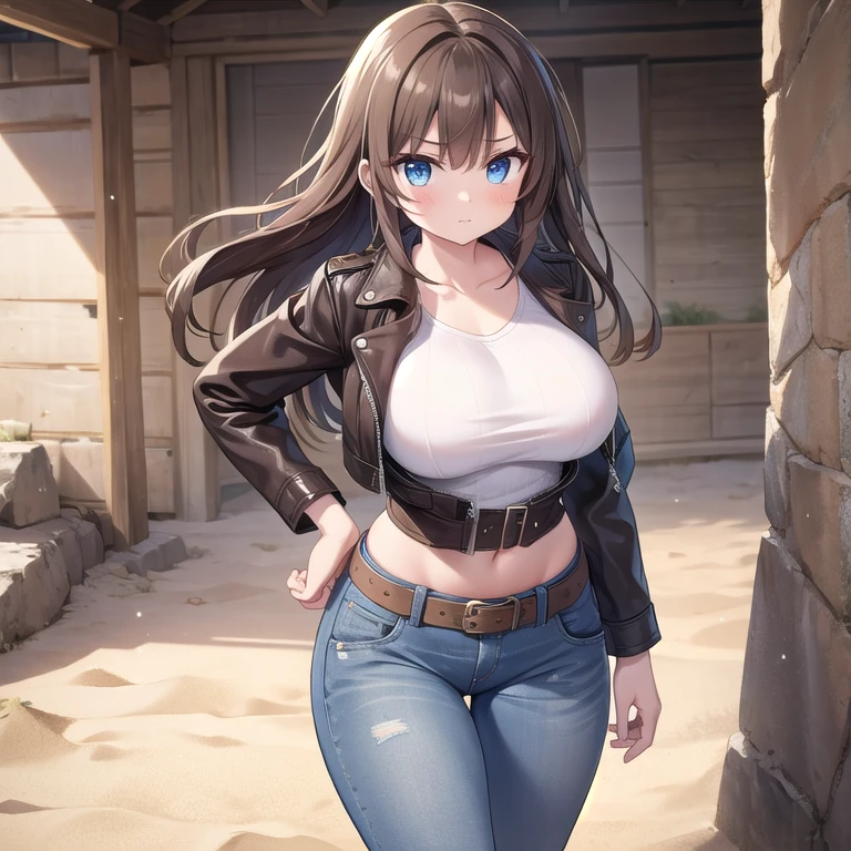 ((Masterpiece)), (Best Quality), (Perfect Lighting), (Perfect Shadows), ((Solo)), (SFW), ((Accurately Detailed)), Empty hands, Accurate Posture, Perfect Facial Expressions, A Girl, with Long Dark-Brown hair, Beautiful Blue eyes, wide hips, ((Excessively Enormous Breasts), (Extremely Large Butt), and is slightly short. Wearing an (old weathered Dark-Brown Leather Jacket), a White Shirt, weathered worn Jeans, a Brown Leather Belt, and weathered Grey Boots. She is walking and searching for something in the Desert, so her clothes are dusty and have sand on them, and hasn’t seen any yet. With a cautious pose and confident but scared expression.