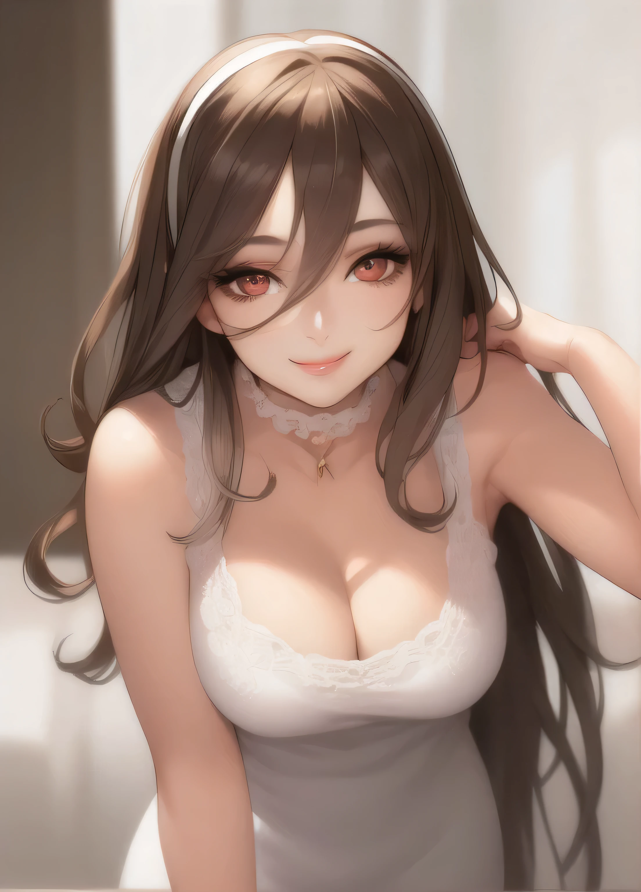 ((masterpiece)), (best quality), (detailed), 1girl, looking at viewer, (lipstick:0.75), eyelashes, leaning forward, seductive smile, ((long brown hair)), hair inbetween eyes, (white hair band), white choker, cleavage, medium breasts, white short dress, white frilled thighighs,