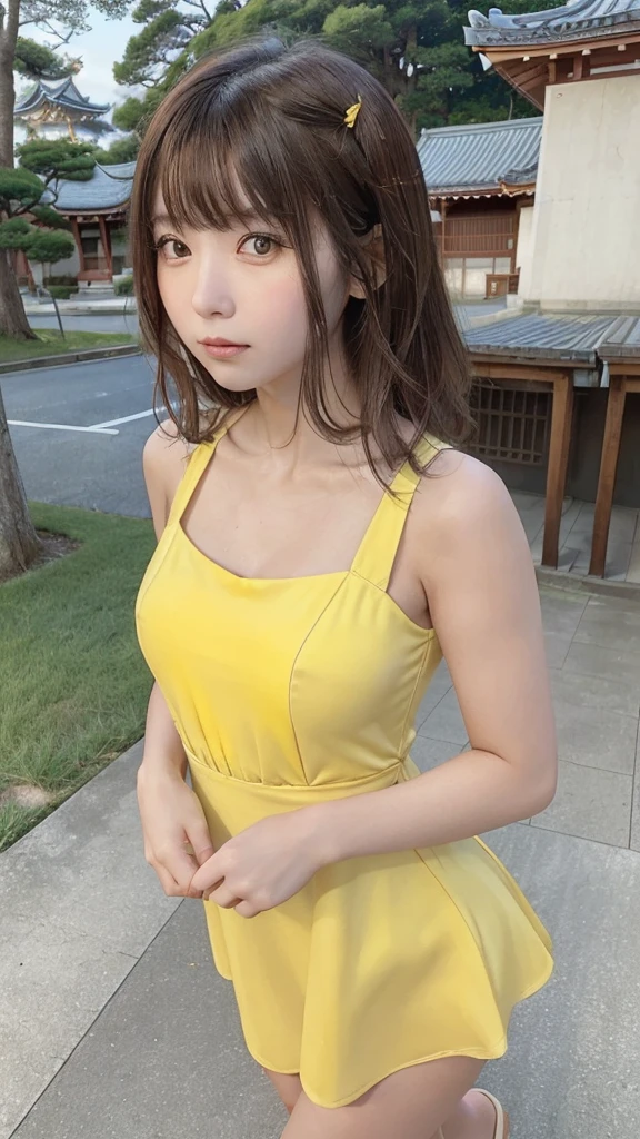 (8k, RAW Photo, Best Quality, Masterpiece: 1.3), breakone girl, (a beauty girl, delicate girl:1.3), (21 years old:1.5), break, (Yellow dress:1.5), break, Extremely fine grain definition, (Symmetrical eyes:1.3), break, Small breasts, Brown eyes, Parted bangs, brown hair, girl, break, (Eye and facial details:1.3),break,smile,With Hasedera Temple in the background,With Hasedera Temple in the background,With Hasedera Temple in the background,With Hasedera Temple in the background