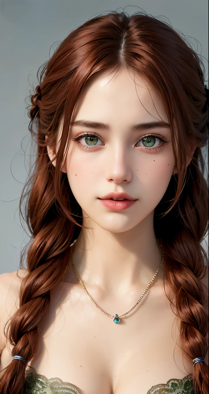 8k, RAW Photography, portlate, top-quality, 超A high resolution, Braids, piercings, Photorealsitic, 1 girl, full bodyesbian, redhair, Green eyes, a necklace, a smile, eye lashes, Movie Lighting, depth of fields, lensflare, elegant blue dress 