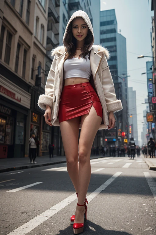 (RAW photos, best quality, masterpiece:1.2), (Practical, photo-Practical:1.4),(masterpiece:1.4),(best quality:1.4), ((Cyberpunk Girl)), ,Short white shirt，(open hooded fur coat，Red miniskirt)，((dynamic poses)), (((Cyberpunk city street background))), Hair intake, ((Long hair invisible)), Looking at the audience, Smile, (((thigh gap))), thigh, Very long hair, Multi-colored hair, Alice ,(Radiant skin),Practical.