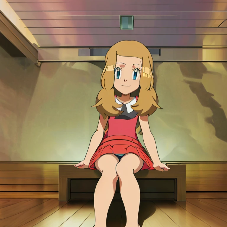 masterpiece, best quality, highres, girl's room, 1girl, solo, serena (pokemon), seductive, underwear, looking at viewer, bare legs curled under, bare feet, side, seated on the bed, closed mouth, smiling.