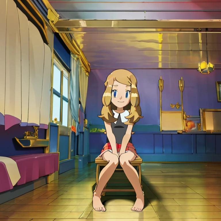 masterpiece, best quality, highres, girl's room, 1girl, solo, serena (pokemon), seductive, underwear, looking at viewer, bare legs curled under, bare feet, side, seated on the bed, closed mouth, smiling.