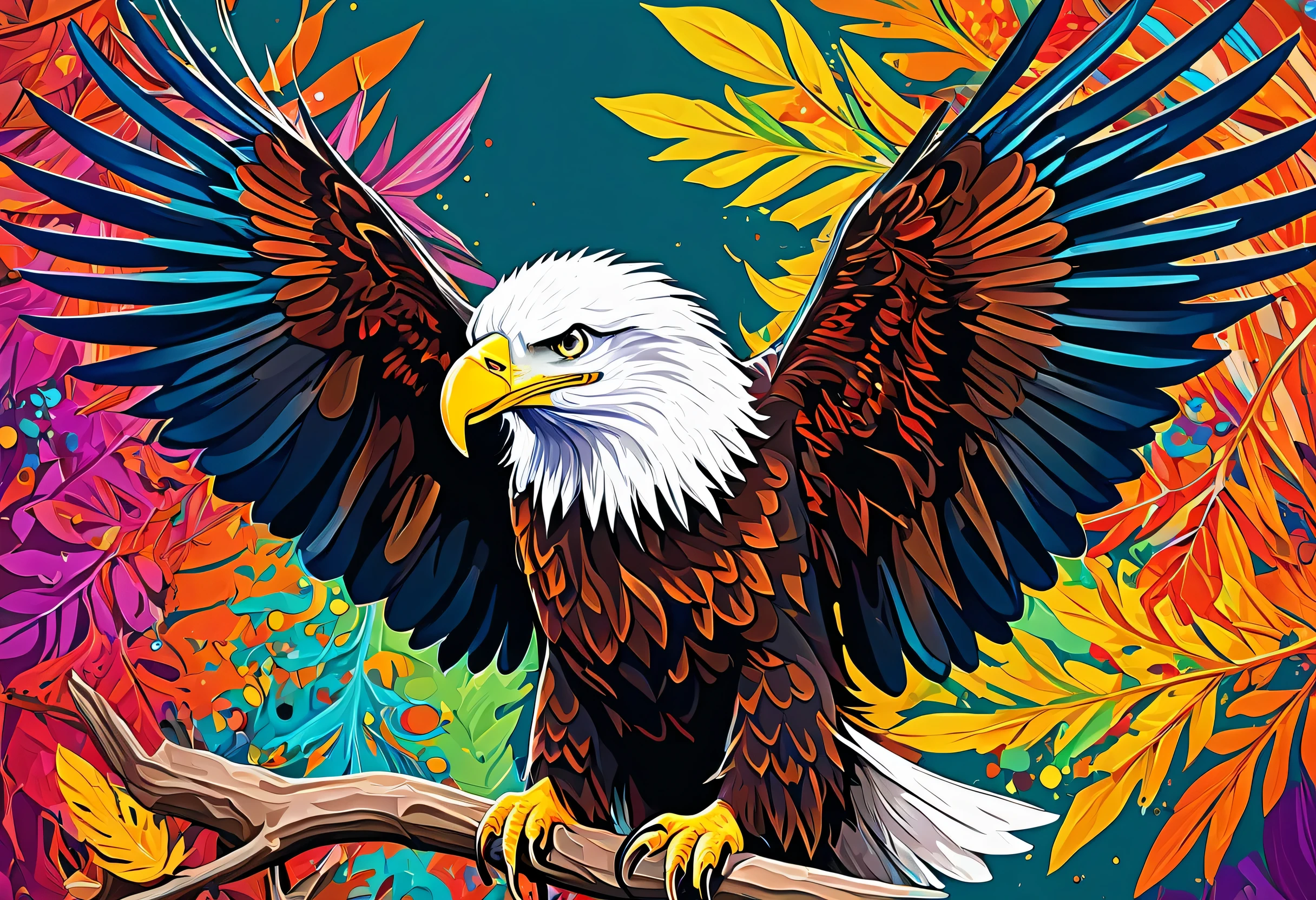 A Bald Eagle with colorful paint on its body and leaves, vector art：Zahari Zograf, Trending on Pexels, psychedelic art, Rich in color and detail, A complex and colorful masterpiece, art：Alessandro Pautasso, very complex and colorful, colorful hd images, A colorful and intricate masterpiece, High quality HD digital art, great digital art, very colorful