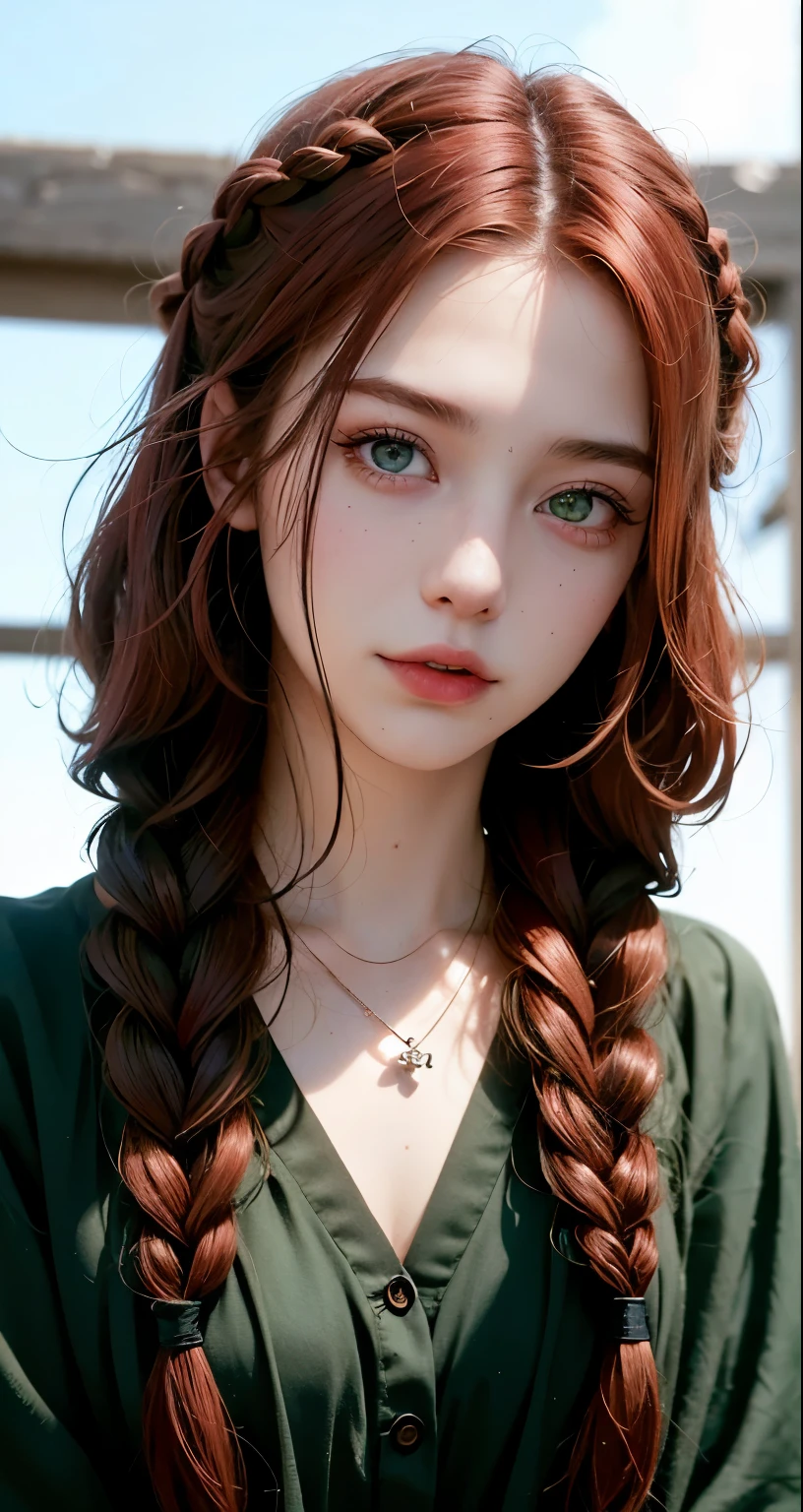 8k, RAW Photography, portlate, top-quality, 超A high resolution, Braids, piercings, Photorealsitic, 1 girl, full bodyesbian, redhair, Green eyes, a necklace, a smile, eye lashes, Movie Lighting, depth of fields, lensflare, blue elegant dress