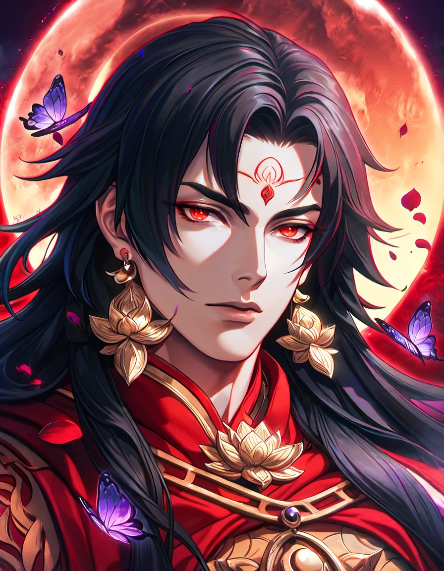 (absurdres, highres, ultra detailed, HDR), master piece, best quality, vibrant red eyes, 1man, handsome face, Asura, black untamed long hair, black hair, red lotus mark on the forehead, red tunic, showing the chest, lotus earrings, onmyoji, moon, purple flames, purple butterflies, petals