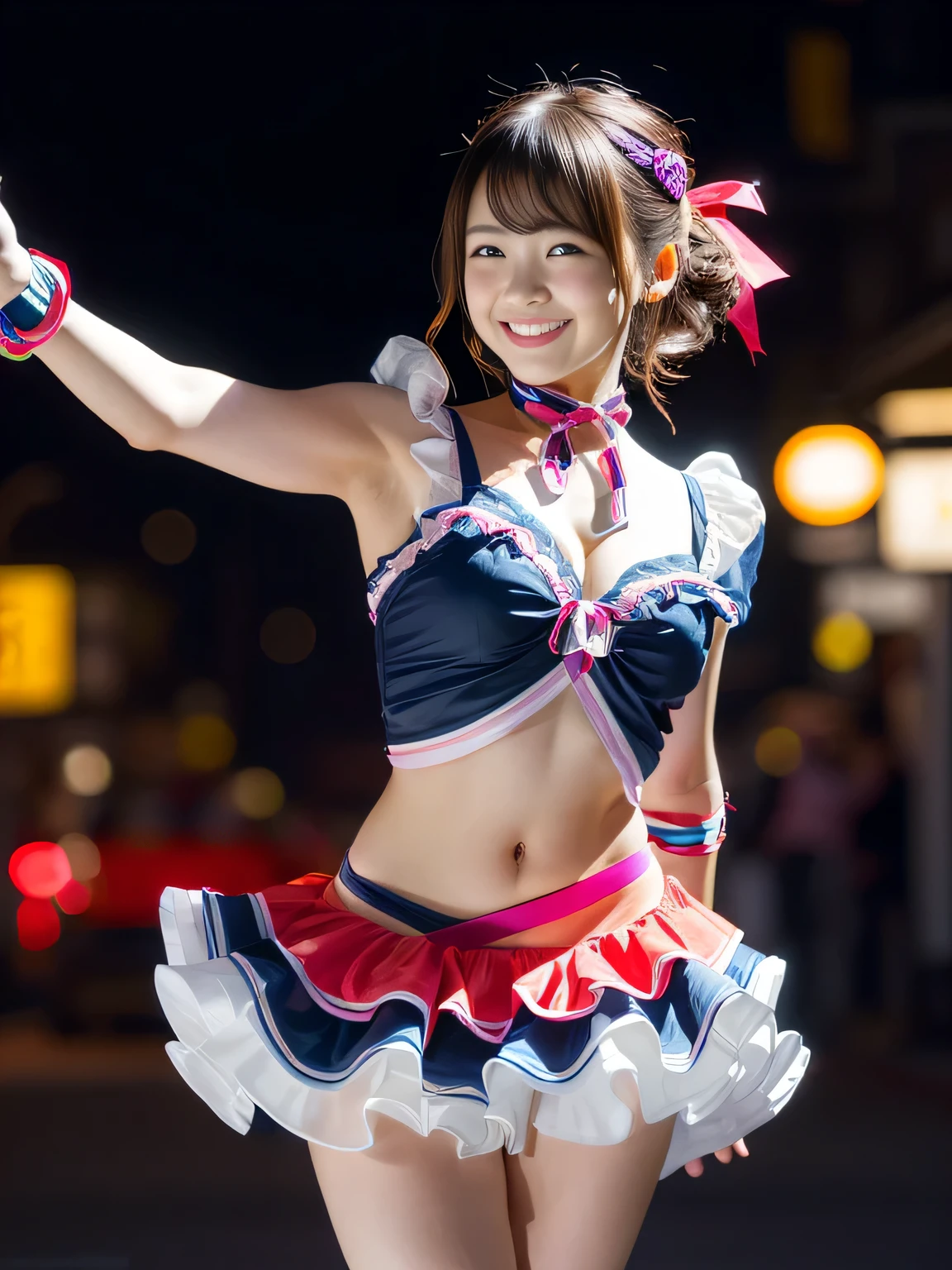 Japanese cute girl wearing a samba costume in the street, dancing, ((Big feather samba decoration on the back)), feather decoration on head, Double teeth are visible, , She smiles mysteriously as if enjoying the embarrassment, very young girl, (((small breasts))), (((realistic))), (((High resolution))), (((anatomically correct)))
