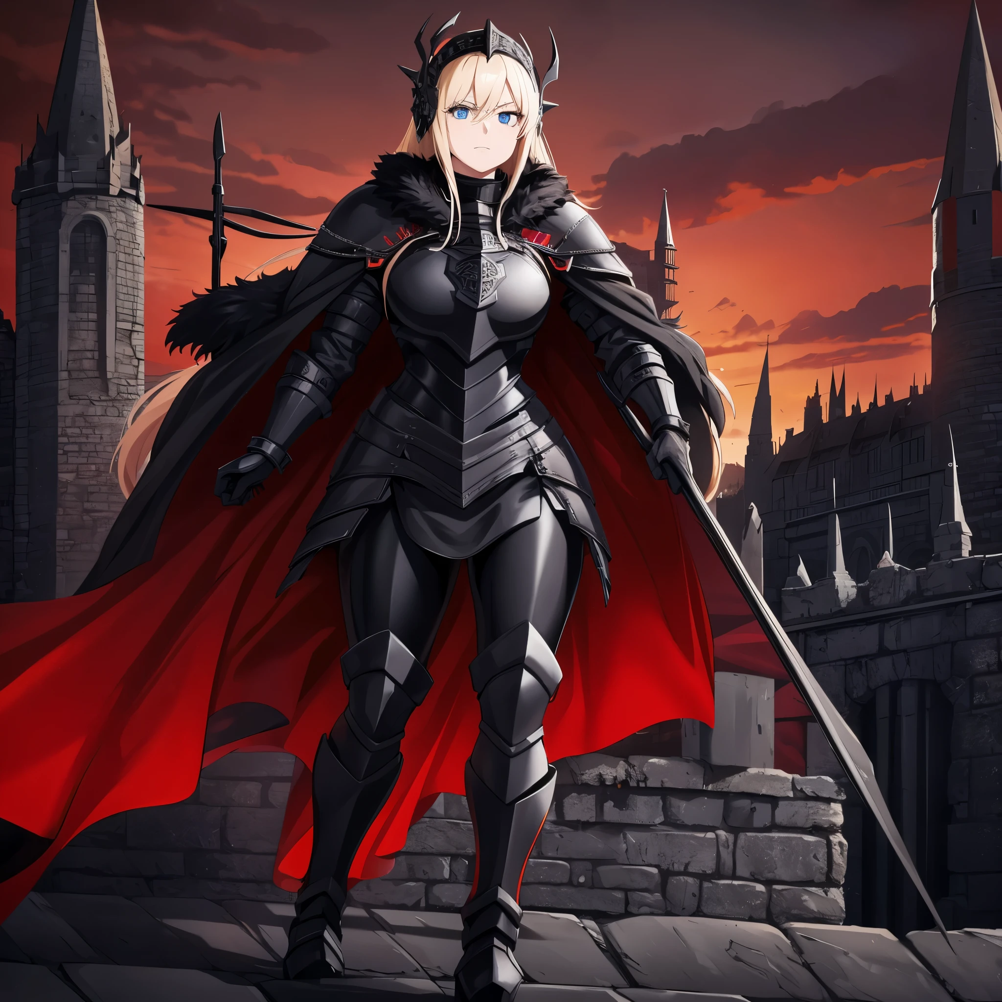 a woman wearing black heavy armor with red trim, iron cross on the armor, black metal boots, black metal helm on her head, black metal bracelets, red fur coat, long blonde hair, blue eyes, walking on a platform with a medieval castle with black structure, red sky. HDR, ultra resolution, well defined, masterpiece, 8K HD. (solo woman)
