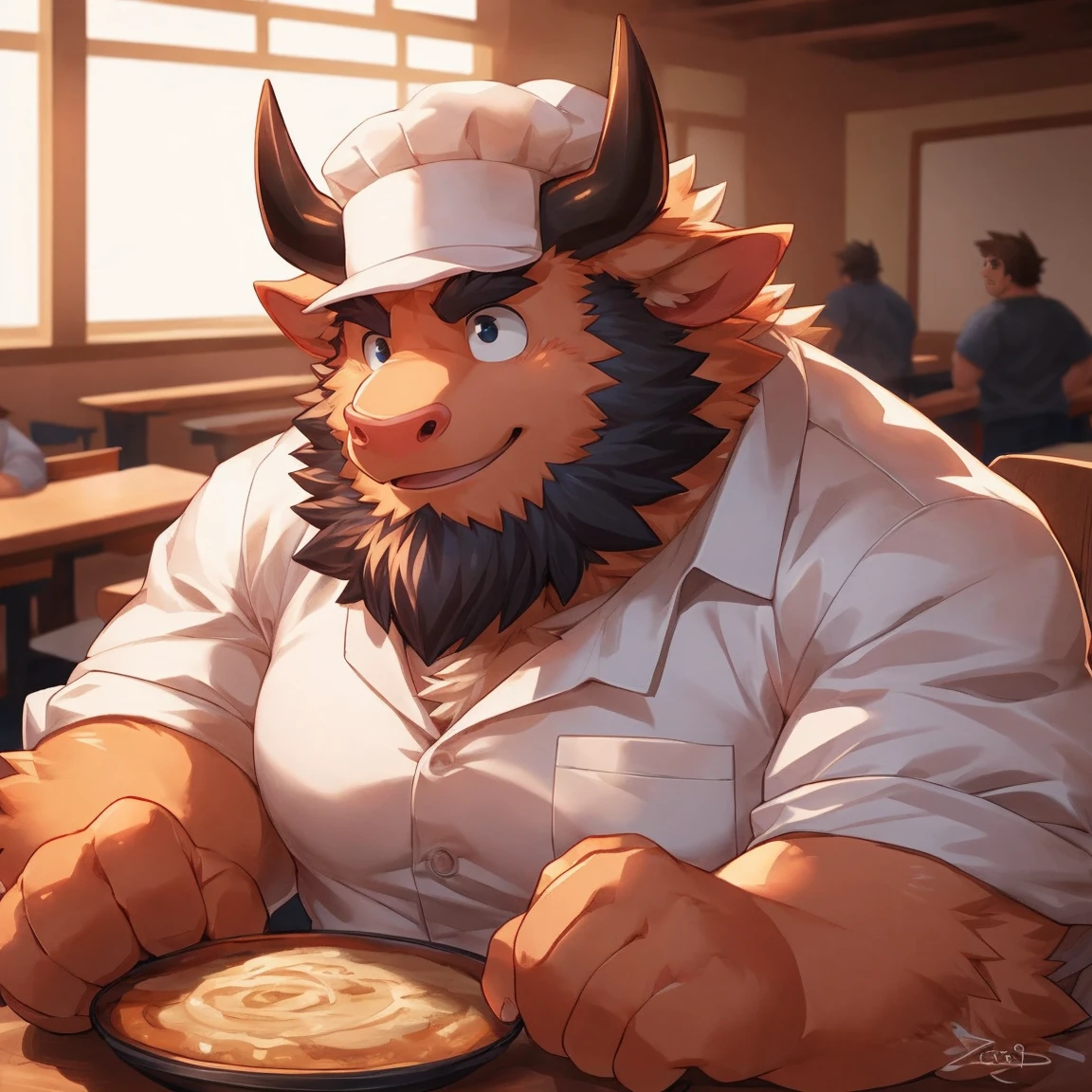 human nature, cannon, male, solitary, ((Round Face, Very plump face, thick beard)), ((endomorph body type, Handsome)), chef, ((domestic ox, ox) Fluffy fur, Fluffy), (In the school cafeteria),(ox头人,ox鼻子:1.5),high quality,Bokeh, (high quality, high resolution, masterpiece), (Dynamic Lighting, Vibrant colors), (Generous smile), (Face focus), Front view (close up), cartoon, author:Takemoto Arashi, by zixiong, author:Chunni, author:Empty Ghost