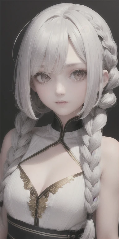 highest quality, masterpiece,Gray Hair, Golden Eyes,White clothes, look up, Upper Body,hair,Fair skin,Side braid
