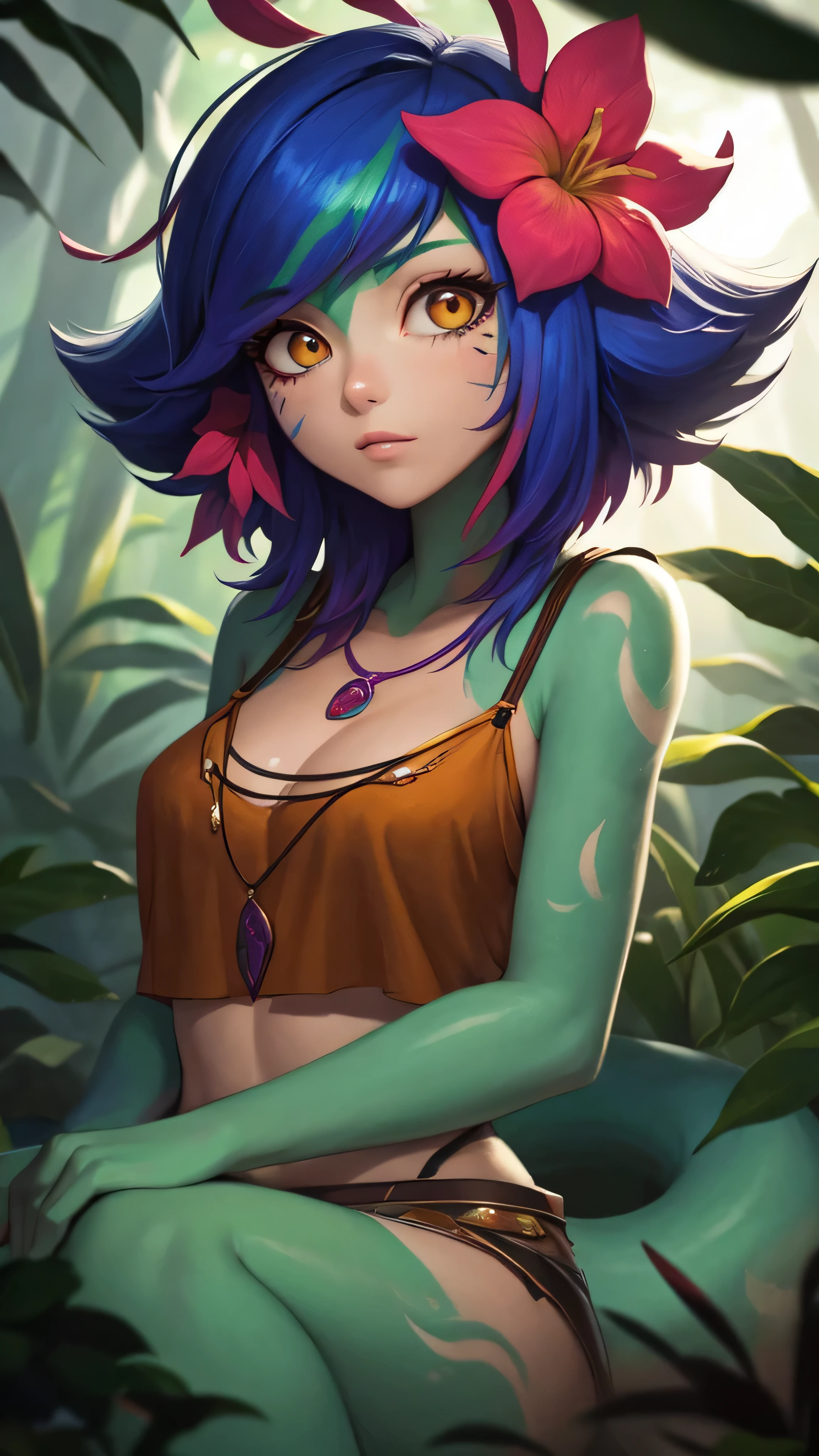 masterpiece,(best quality,top quality,8k),ultra detailed,illustration,painting,detailed eyes and face,(1girl),neeko, multicolored hair, colored skin,(short hair), facial mark, forehead mark, hair ornament, hair flower, necklace, brown crop top, Lizard tail,sleeping,(looking at viewer),(puffy eyes) ,good contrast , high sharpness,(gorgeous),RAW Photography,(hyperdetailed),jungle,forest,river