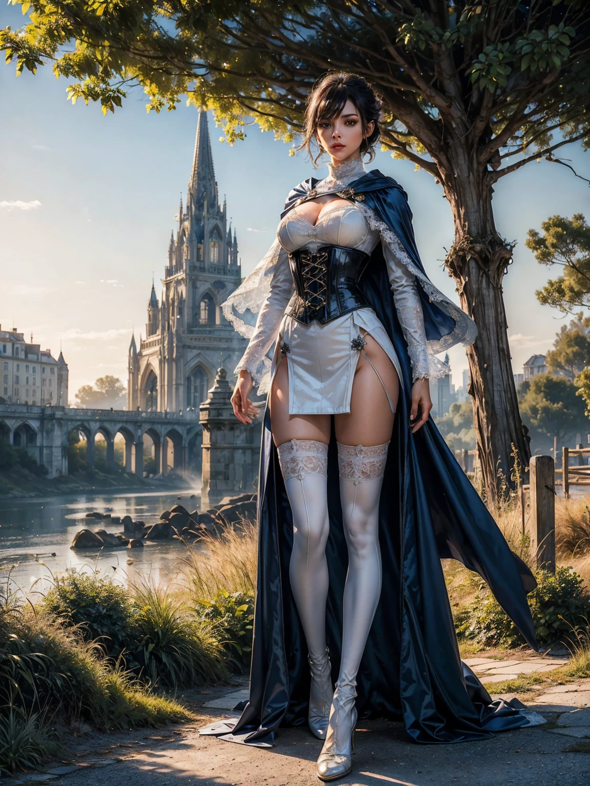 ((show full body from head to toe, standing, body facing to the viewer (show front body)). Tall body, fit body, slender body, medium breast. A female wizard wearing blue and white clothes, long sleeves(lace sleeves), skirts, corset, cloak, robes, cape, gloves, stockings, show heels. short hair with updo. Masterpiece:1.5, illustration:1.1, best quality:1.5, fine detail, perfect detail, 4k, HDR, balance focused camera view, middle camera view, vertical scape camera, natural lighting, bright lighting, sunlight, sharp focus, smooth detail, HDR. Outdoor at a city road.