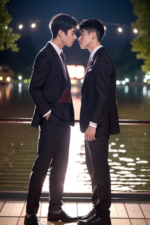 two boy's students are kissing, two men, Highlights from the movie, beautiful kiss, (Cute japanese men:1.4), High quality upload, kissing, Advertising images, By the lake, very wide shot ,night , One of them has a , 23 Years old and 20 year old men, short hair, japanese handsame, light rain, wearing suit, slender body, embarrassed, boy on top, from side