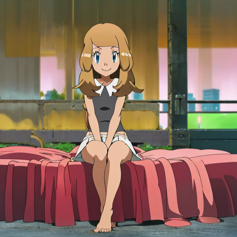 masterpiece, best quality, highres, in a park, depth of field, city in background, 1girl, solo, serena (pokemon), seductive, underwear, looking at viewer, bare legs curled under, bare feet, side, seated on the bed, closed mouth, smiling.