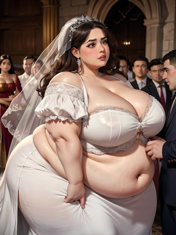 Fat Salma Hayek, blushing, embarrassed, big cheeks, wedding dress, Big lips, double chin, chubby body,bbw, morbidly obese, stuffed belly, wet body, castle hall 