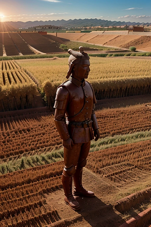 Field of wheat in sunshine, (Chinese terracotta army) (ancient soldier mannikins made of red clay, oven-fired)
