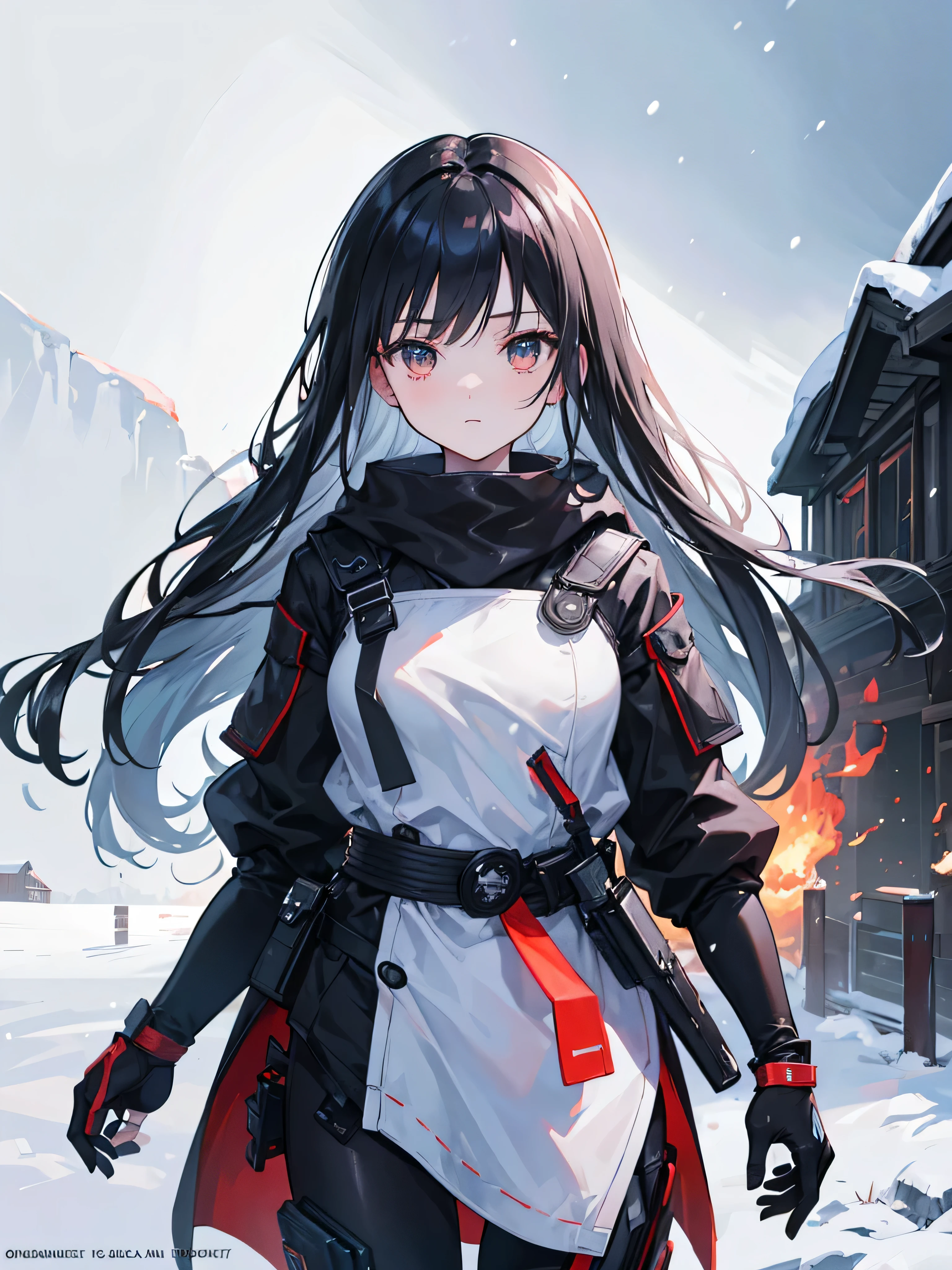(masterpiece, best quality),cinematic composition, letterboxed, depth of field, solo focus, 1girl, snowy field, black hair, white eyes, black ninja suit, snowing, village on fire