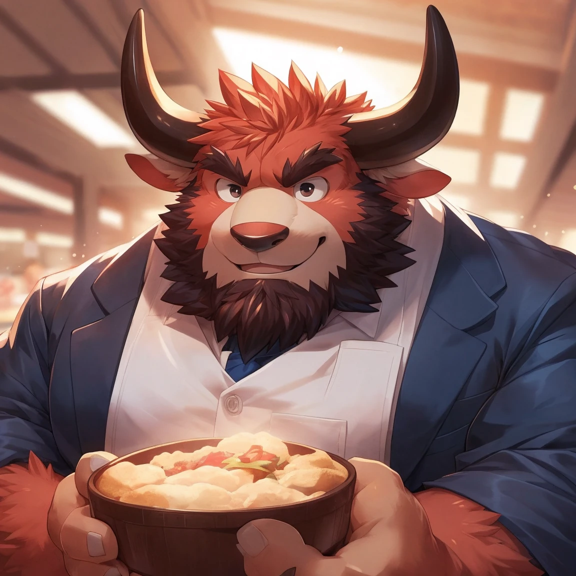 human nature, cannon, male, solitary, ((Round Face, Very plump face, thick beard)), ((endomorph body type, Handsome)), chef, ((domestic ox, ox) Fluffy fur, Fluffy), (In the school cafeteria),（ox头人,ox鼻子：1.5），high quality，Bokeh, (high quality, high resolution, masterpiece), (Dynamic Lighting, Vibrant colors), (Generous smile), (Face focus), Front view (close up), cartoon, author：Takemoto Arashi, by zixiong, author：Chunni, author：Empty Ghost