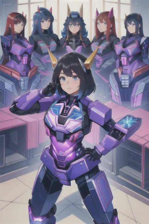 masterpiece, highest quality,
 (Woman Cybertron),
 (A perfect and pretty human female face),
 All of the bodies have their internal skeletons exposed except for their faces.,
 None of them are wearing exoskeletons.,
 Everyone is showing off their bodies,
 Vibrant,
 colorful,
 Inside the maintenance workshop,
 Under maintenance,
 Great Hall,
 背景の整備中のWoman Cybertron,
 multi pose,
 full body shot,
 Masterpiece,
 Group selfie,
 multiple, Woman Cybertron, (6+Woman Cybertron:1.9).