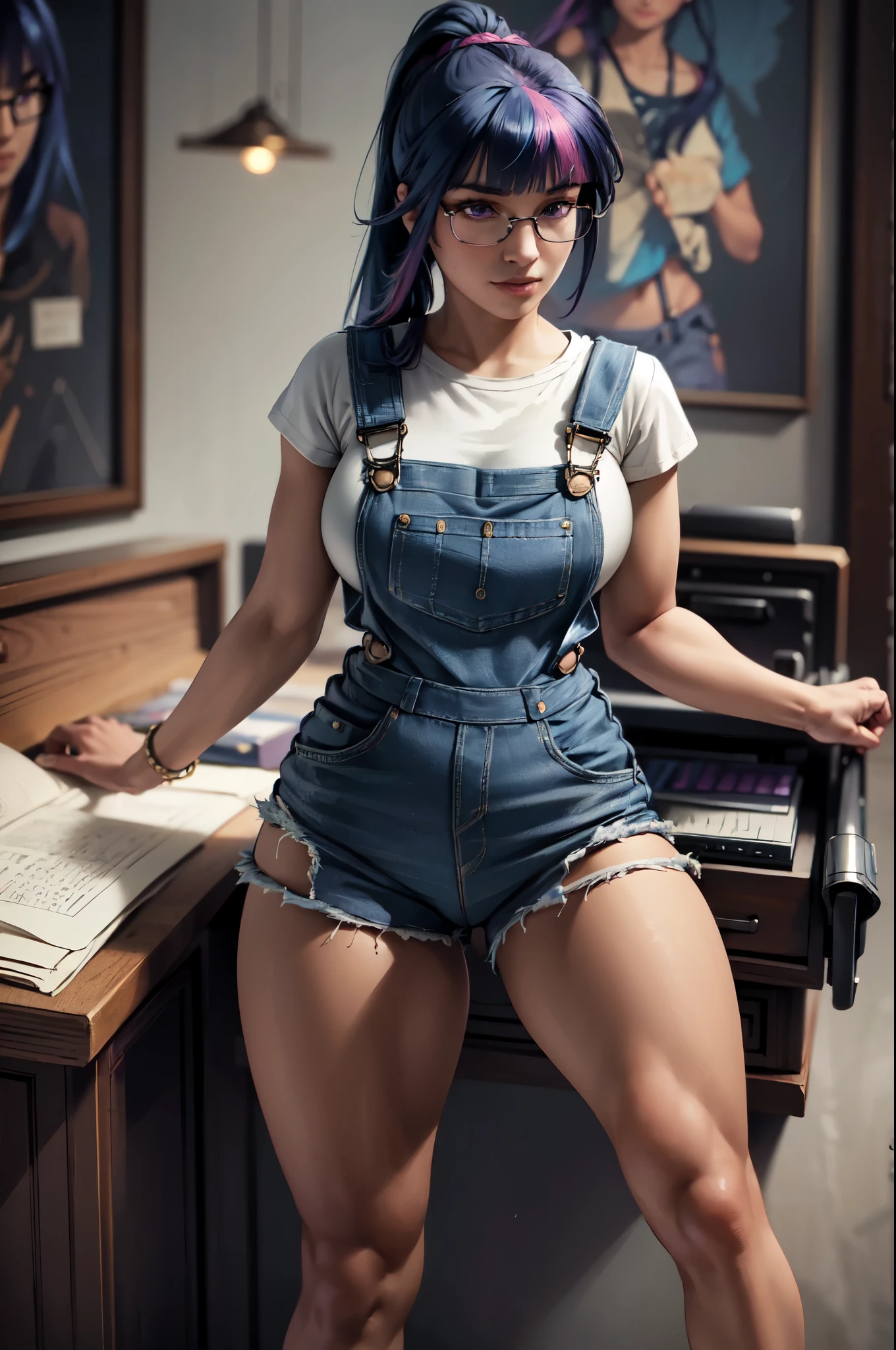 Masterpiece, Ultra-detailed Realistic TwilightHuman, 1girl, Solo, Insane Detail, 8k Resolution, long blue hair, purple eyes, glasses, blunt bangs, Ponytail hair style, Hair pulled back, full body, Detailed realistic face, plain background, overalls, shorts, shirt, toolbelt
