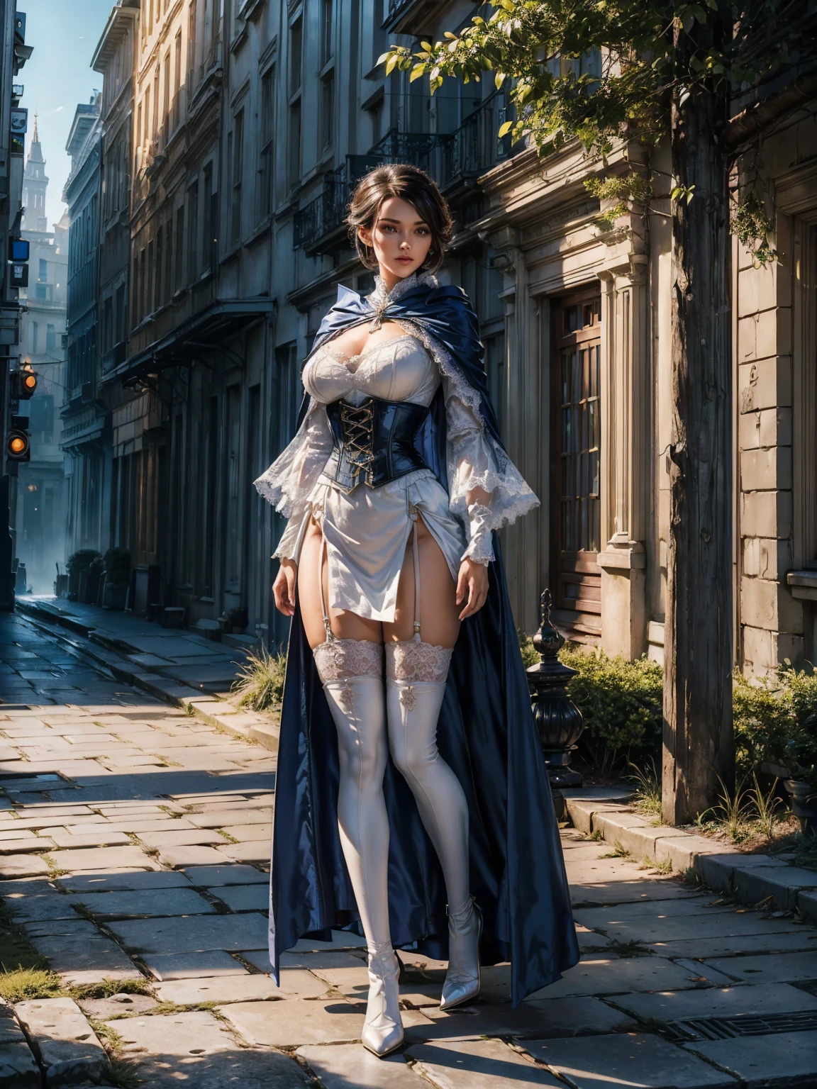 ((show full body from head to toe, standing, body facing to the viewer (show front body)). Tall body, fit body, slender body, medium breast. A female wizard wearing blue and white clothes, long sleeves(lace sleeves), skirts, corset, cloak, robes, cape, gloves, stockings, show heels. short hair with updo. Masterpiece:1.5, illustration:1.1, best quality:1.5, fine detail, perfect detail, 4k, HDR, balance focused camera view, middle camera view, vertical scape camera, natural lighting, bright lighting, sunlight, sharp focus, smooth detail, HDR. Outdoor at a city road.