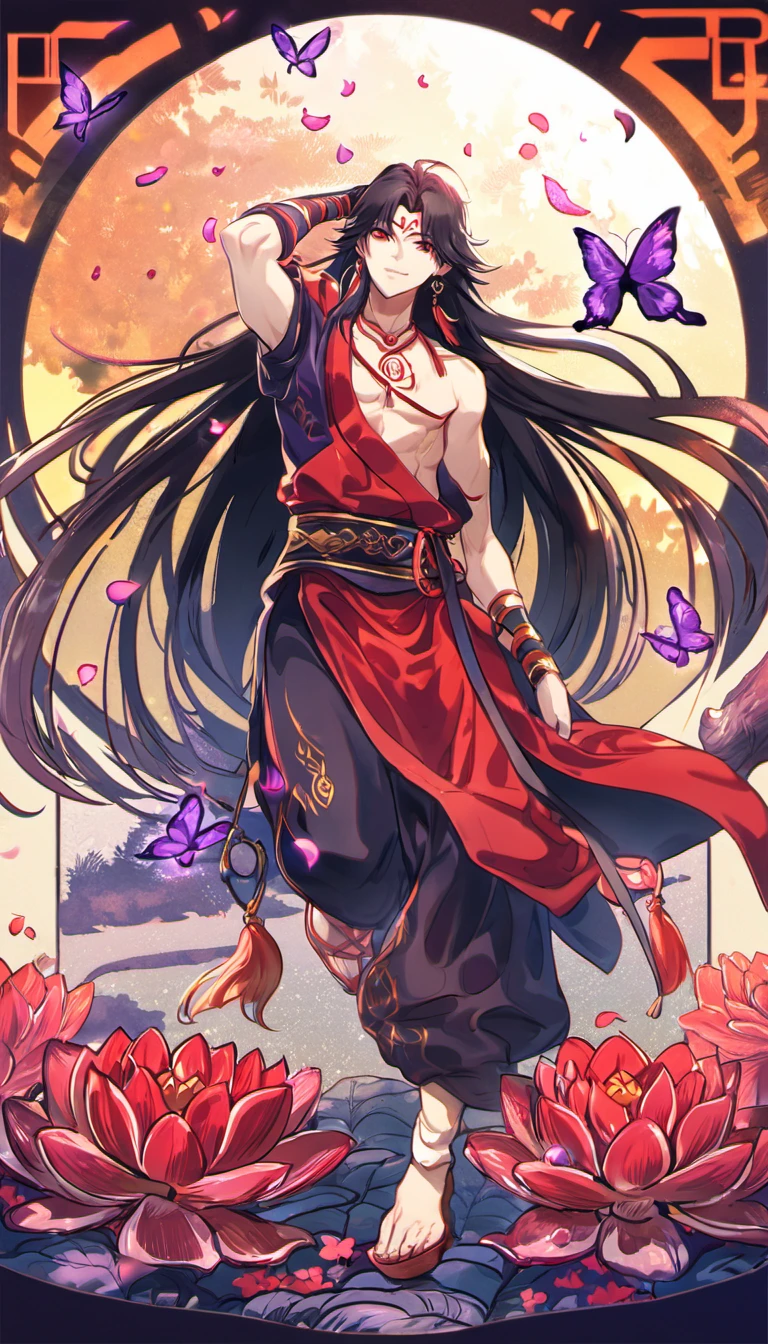 (absurdres, highres, ultra detailed, HDR), master piece, best quality, vibrant red eyes, 1man, handsome face, Asura, slightly tanned skin, black untamed long hair, black hair, red lotus mark on the forehead, red tunic, black baggy pants, showing the chest, lotus earrings, onmyoji, moon, purple flames, purple butterflies, petals