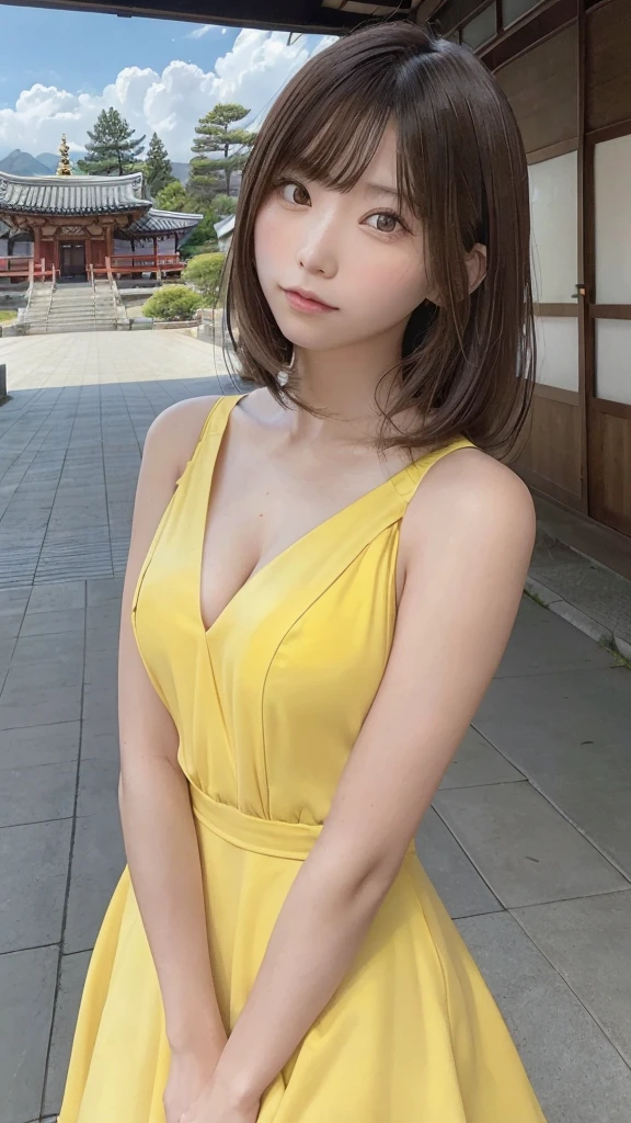 (8k, RAW Photo, Best Quality, Masterpiece: 1.3), breakone girl, (a beauty girl, delicate girl:1.3), (21 years old:1.5), break, (Yellow dress:1.5), break, Extremely fine grain definition, (Symmetrical eyes:1.3), break, Small breasts, Brown eyes, Parted bangs, brown hair, girl, break, (Eye and facial details:1.3),break,smile,With Hasedera Temple in the background,With Hasedera Temple in the background,With Hasedera Temple in the background,With Hasedera Temple in the background