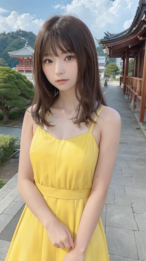 (8k, RAW Photo, Best Quality, Masterpiece: 1.3), breakone girl, (a beauty girl, delicate girl:1.3), (21 years old:1.5), break, (Yellow dress:1.5), break, Extremely fine grain definition, (Symmetrical eyes:1.3), break, Small breasts, Brown eyes, Parted bangs, brown hair, girl, break, (Eye and facial details:1.3),break,smile,With Hasedera Temple in the background,With Hasedera Temple in the background,With Hasedera Temple in the background,With Hasedera Temple in the background