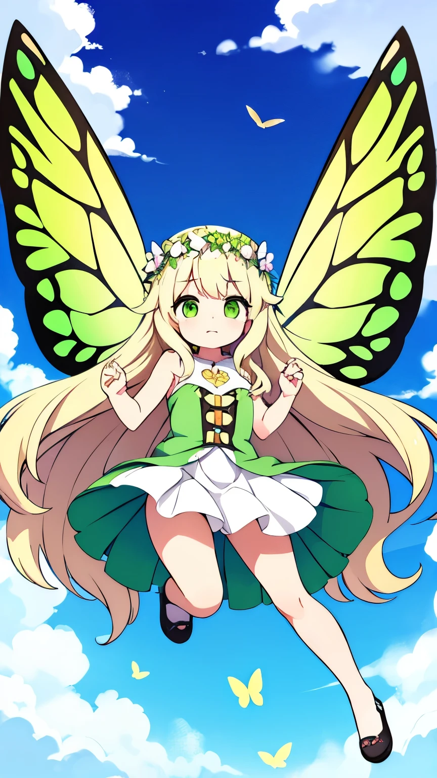 Girl Fairy,Platinum blonde wavy hair,Super Long Hair,Wearing a flower crown,Yellow-green eyes,Light clothing,Flying in the sky,Butterfly Wings