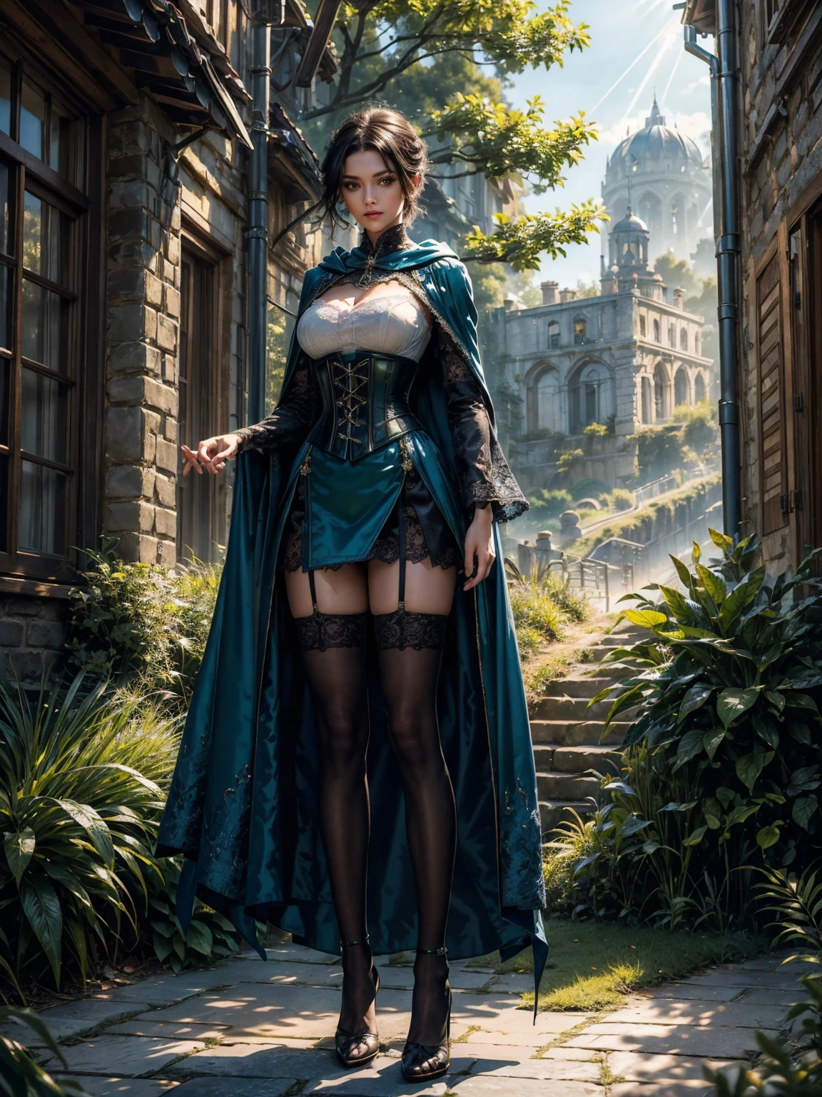 ((show full body from head to toe, standing, body facing to the viewer (show front body)). Tall body, fit body, slender body, medium breast. A female wizard wearing blue and green clothes, long sleeves(lace sleeves), skirts, corset, cloak, robes, cape, gloves, stockings, show heels. short hair with updo. Masterpiece:1.5, illustration:1.1, best quality:1.5, fine detail, perfect detail, 4k, HDR, balance focused camera view, middle camera view, vertical scape camera, natural lighting, bright lighting, sunlight, sharp focus, smooth detail, HDR. Outdoor at a city road.