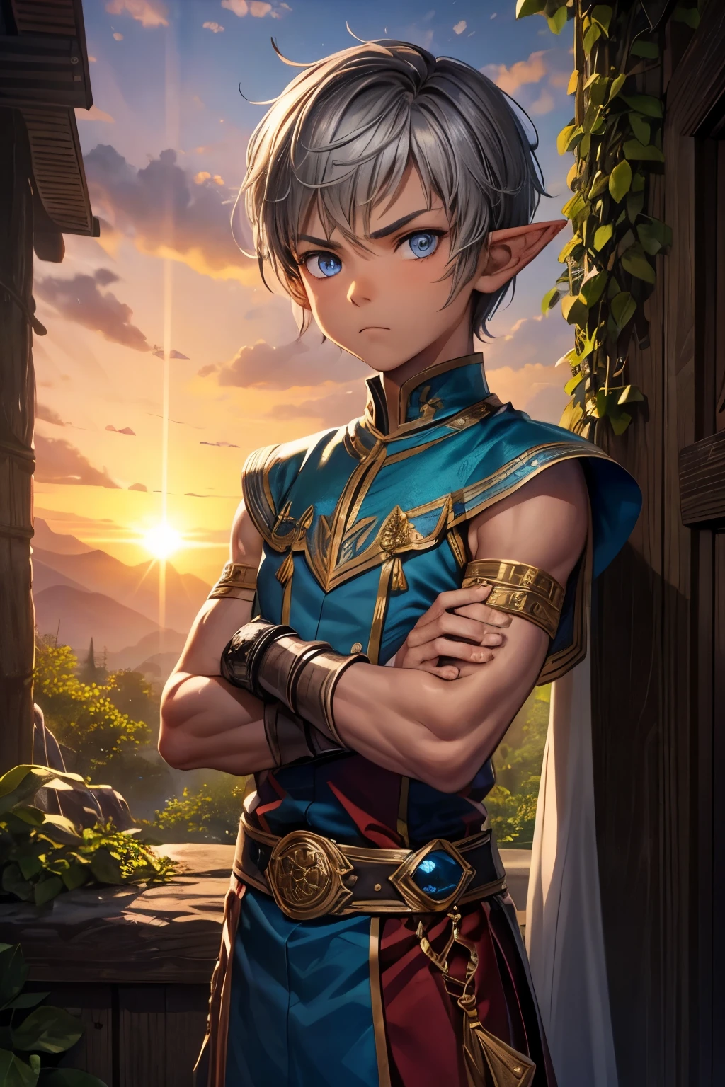 boy, young, elf male, , 10 rown skin, blue eyes, spiky hair, short hair, gray hair, serious, arms crossed, forest, sunset