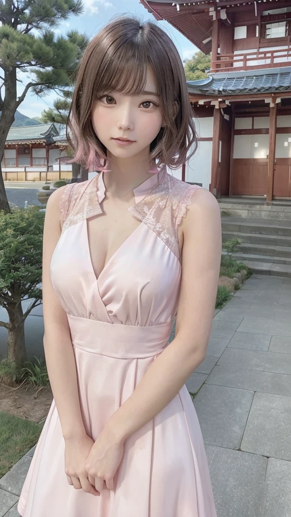 Purelos Face_v1, Highest quality, Realistic, 8K, High resolution, Full Color, One girl, woman, 20 years old woman, (Mouth closed:1.33), (Portraiture:0.6), wood, Dawn, ((Park Background:1.52)), Full Color, ((She was wearing a light pink dress and a hat.:1.88)), View your viewers:1.8, (One girl eyes View your viewers:1.55), (Medium Hair, Brown Hair, Parted bangs:1.35), (Bokeh),Enako、Enako、Enako