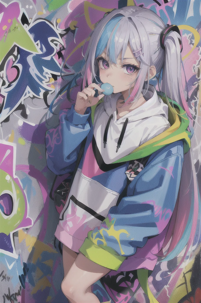 masterpiece, high quality, highres, absurdres, ultra-detailed, 8k, 1girl, platinum grey hair, blue hair, multicolored hair, gradient hair, looking at viewer, colorful eyes, colorful hoodie, (graffiti murals wall background:1.15), brilliant colorful paintings, bloom, portrait, cross hair ornament, chewing gum, (close-up:1.2), from above