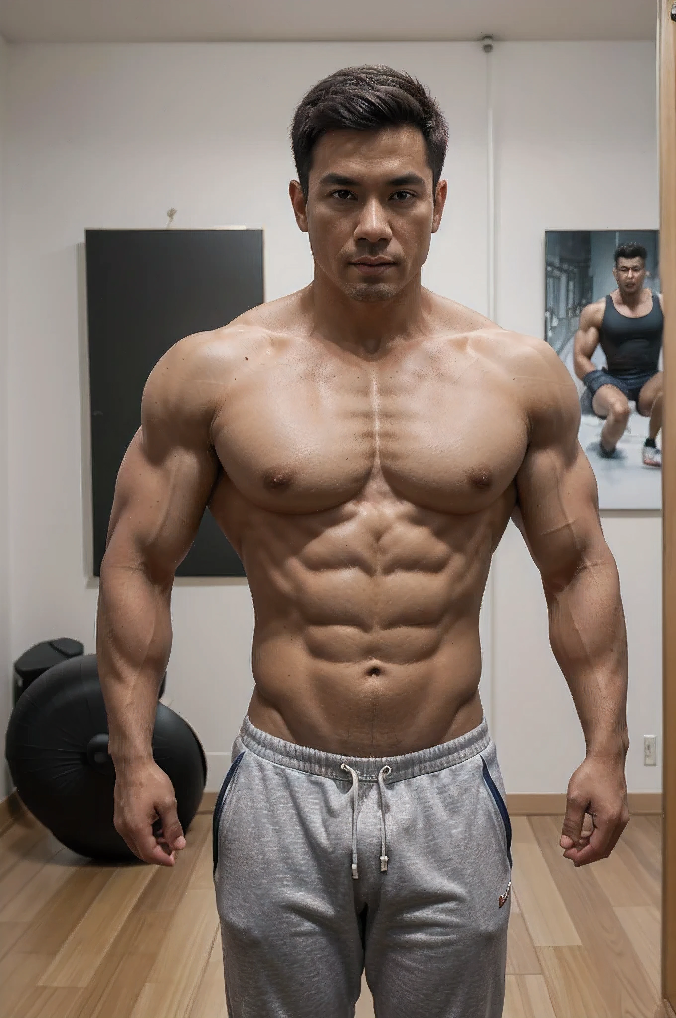 chest muscle,masterpiece,melhor qualidade,8K UHD,digital SLR camera,filmgrain,Midjourney e arte de pintura realista Fujifilm XT3 de greg rutkowski, vietnamese guy, front view, full body, look directly, just wear gym pant, white background