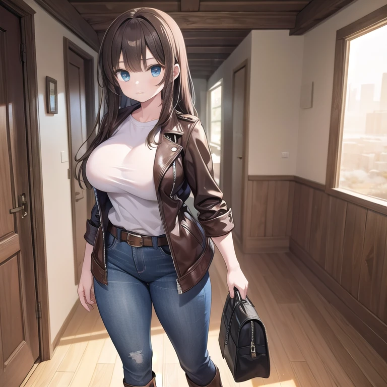 ((Masterpiece)), (Best Quality), (Perfect Lighting), (Perfect Shadows), ((Solo)), (SFW), ((Accurately Detailed)), Empty hands, Accurate Posture, Perfect Facial Expressions,       A Girl, with Long Dark-Brown hair, Beautiful Blue eyes, super wide hips, ((Excessively Enormously Oversized Breasts)), ((Incredibly Excessively Absurdly Overly Busty)), (Extremely Large Butt), and is slightly muscular. Wearing an (old weathered Dark-Brown Leather Jacket), a White Shirt, weathered worn Jeans, a Brown Leather Belt, and weathered Grey Boots. She is walking and searching for something in the Desert, so her clothes are dusty and have sand on them, and hasn’t seen any yet. With a cautious pose and a confident expression. 