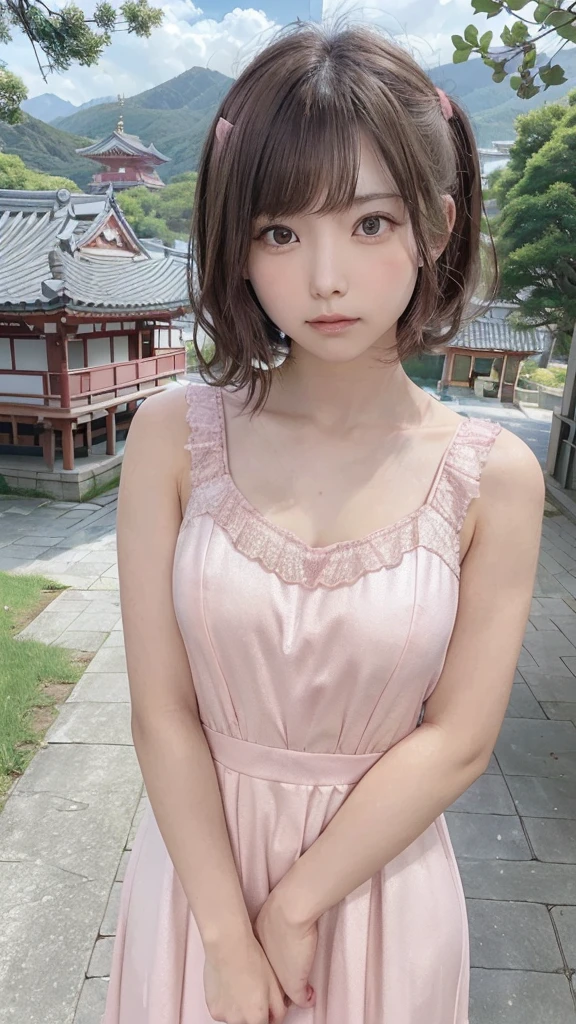 (8k, RAW Photo, Best Quality, Masterpiece: 1.3), breakone girl, (a beauty girl, delicate girl:1.3), (21 years old:1.5), break, (Pink dress:1.5), break, Extremely fine grain definition, (Symmetrical eyes:1.3), break, Small breasts, Brown eyes, Parted bangs, brown hair, girl, break, (Eye and facial details:1.3),break,smile,With Hasedera Temple in the background,With Hasedera Temple in the background,With Hasedera Temple in the background,With Hasedera Temple in the background