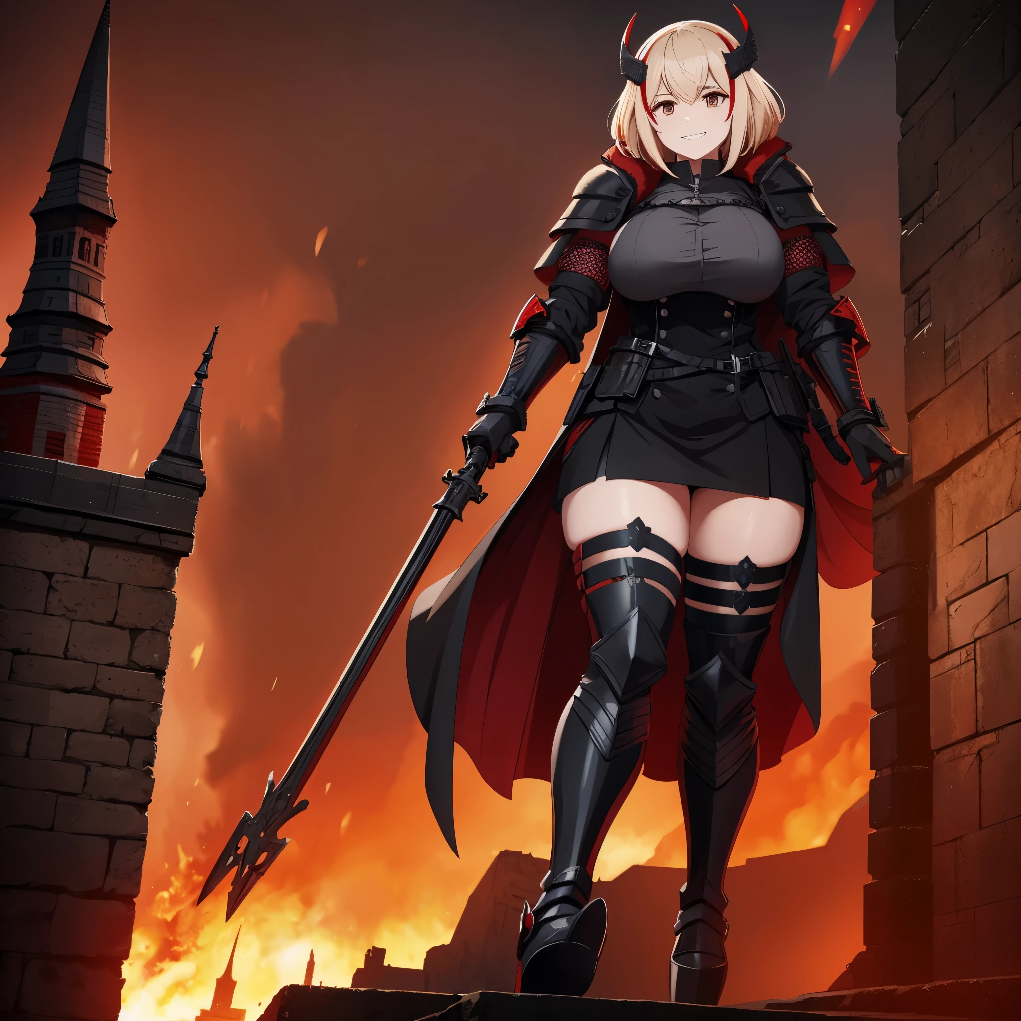 a woman wearing black heavy armor with red details, iron cross on the armor, black metal boots, black metal helm on her head, black metal bracelets, red fur coat, short blonde hair, red bangs, brown eyes, with sadistic smile, scary face, walking on a platform with a medieval castle with black structure, red sky, red sky. HDR, ultra resolution, well defined, masterpiece, 8K HD. (solo woman)
