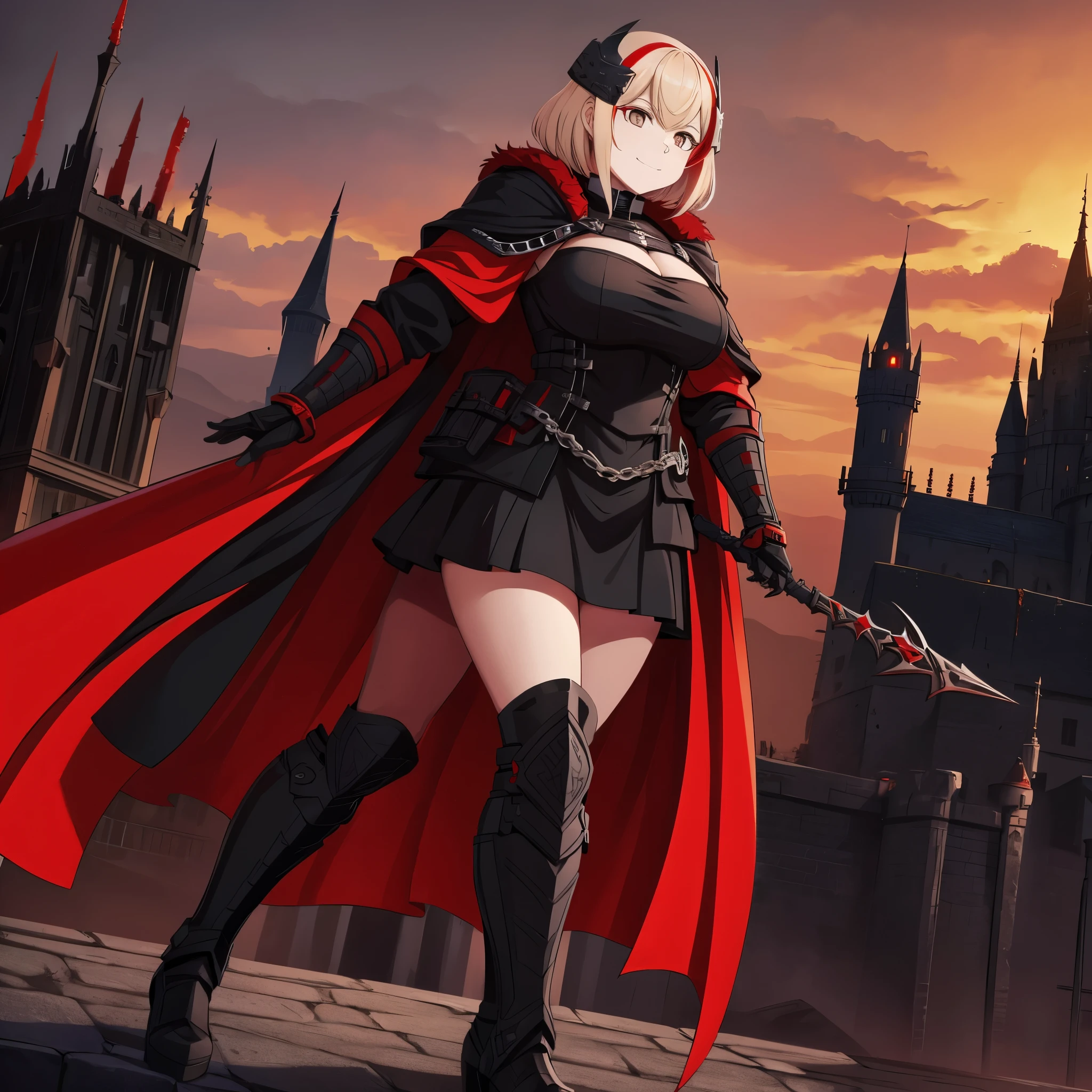 a woman wearing black heavy armor with red details, iron cross on the armor, black metal boots, black metal helm on her head, black metal bracelets, red fur coat, short blonde hair, red bangs, brown eyes, with sadistic smile, scary face, walking on a platform with a medieval castle with black structure, red sky, red sky. HDR, ultra resolution, well defined, masterpiece, 8K HD. (solo woman)