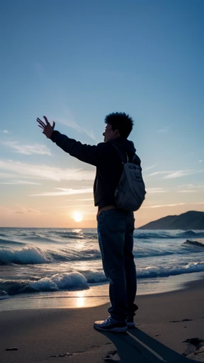 A side view of a person standing alone with a fist outstretched in front of them