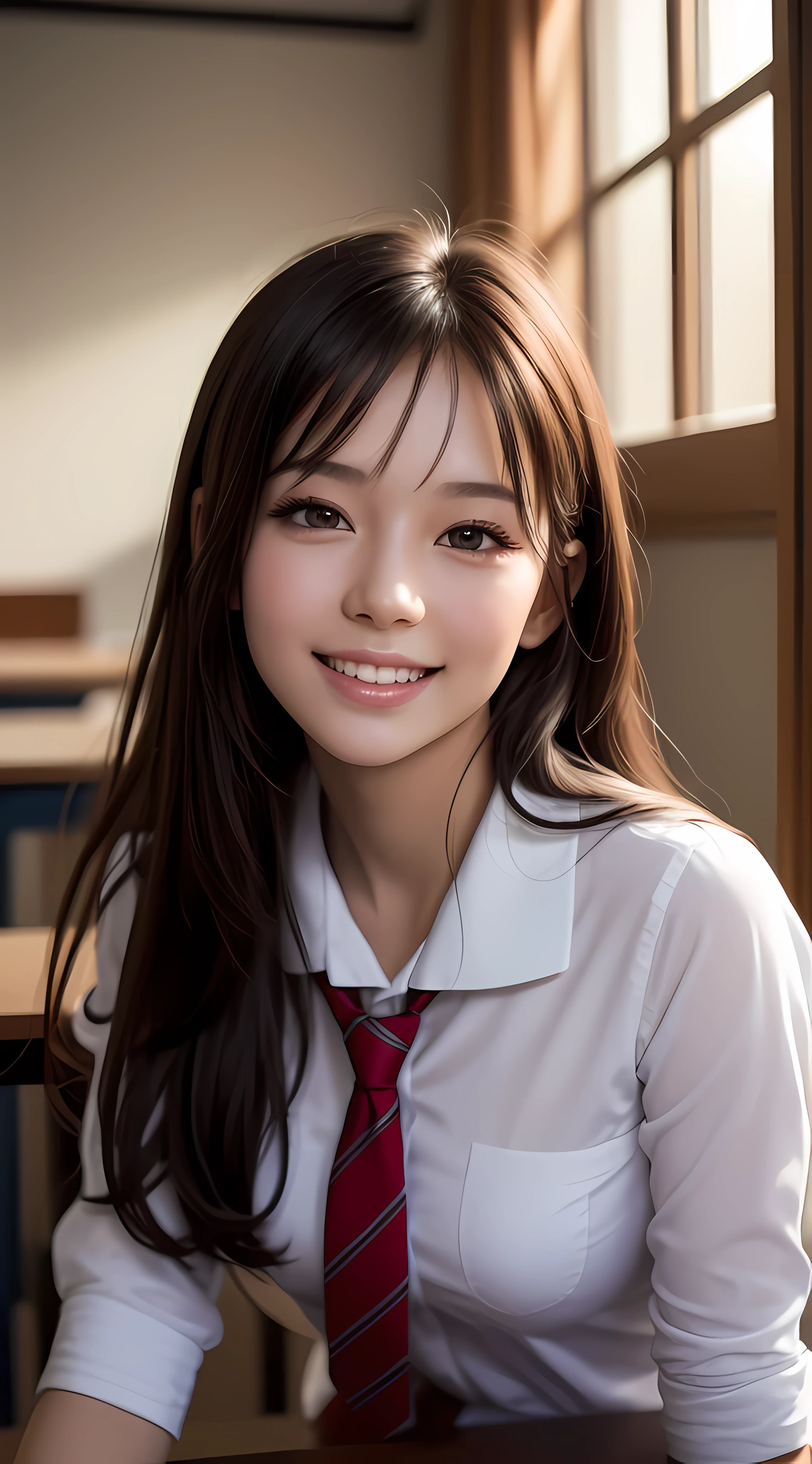 1girl, Extremely cute, Amazing face and eyes, (Beautiful lovely smile), (extremely detailed beautiful face), bright and shiny lips, super beautiful, (school uniform), (Best Quality:1.4), (hyper quality), (Ultra-detailed), (hyper-realistic, Photorealsitic:1.37), Authentic skin texture, cextremely detailed CG unified 8k wallpaper, RAW Photos, professional photograpy, Cinematic lighting, sex on table